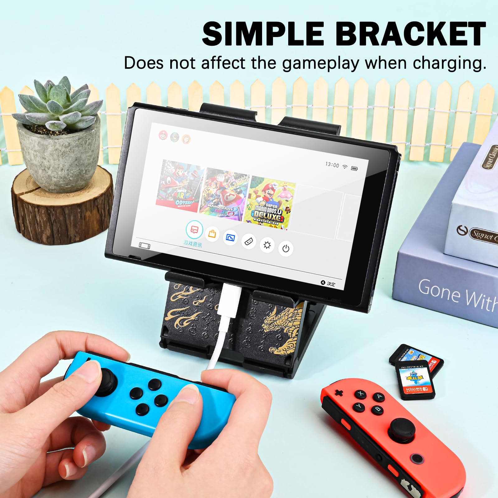 DLseego Adjustable Switch Stand Holder for Nintendo Switch/Switch OLED/Switch Lite - Portable Foldable Non-Slip Bracket with Anime Design (Black Gold) - Perfect for Gaming at Home, Travel & Hands-Free Play
