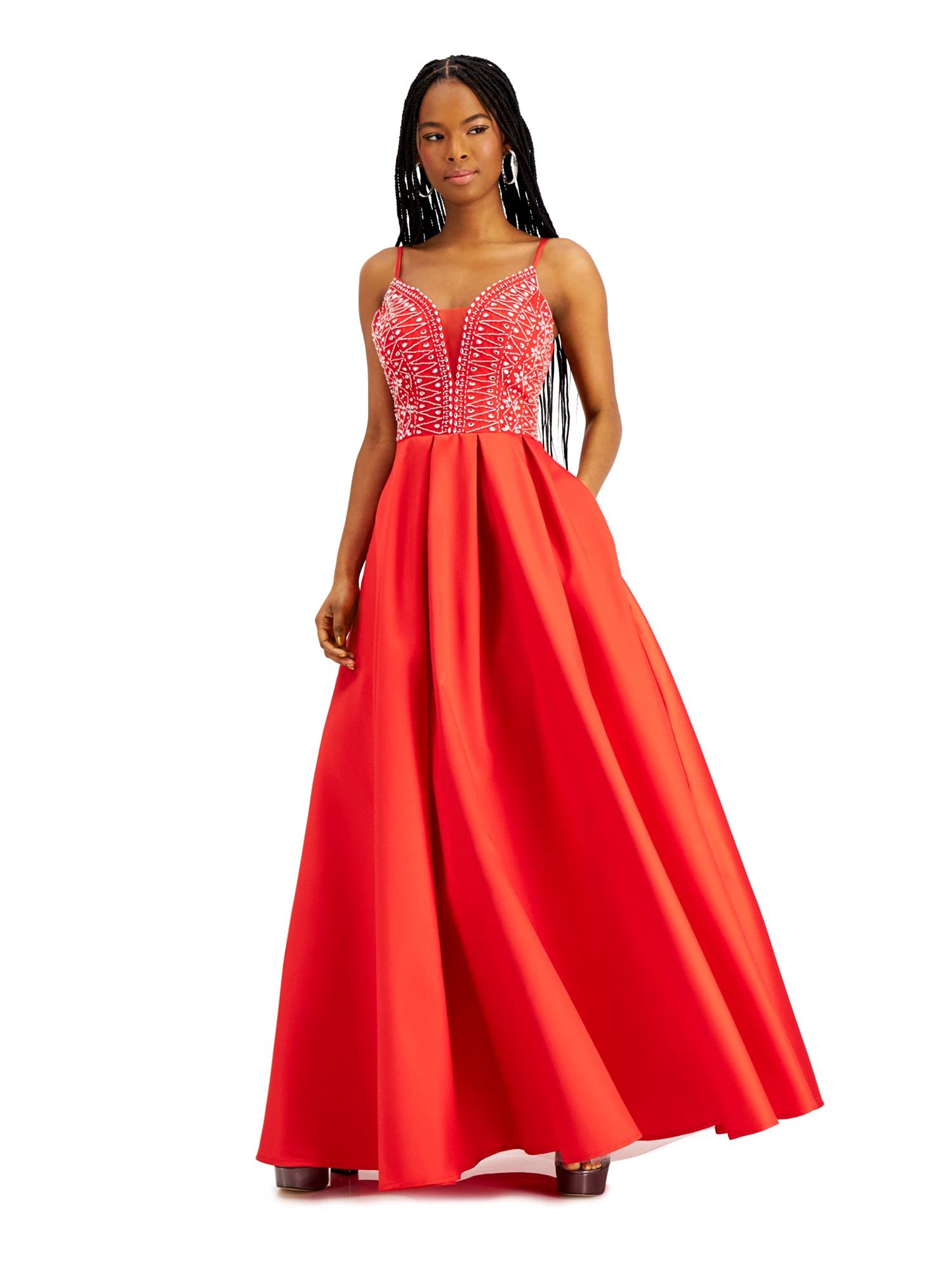 Elegant Women's Embellished Spaghetti Strap V-Neck Fit & Flare Prom Dress - Perfect for Formal Events, Evening Parties & Special Occasions