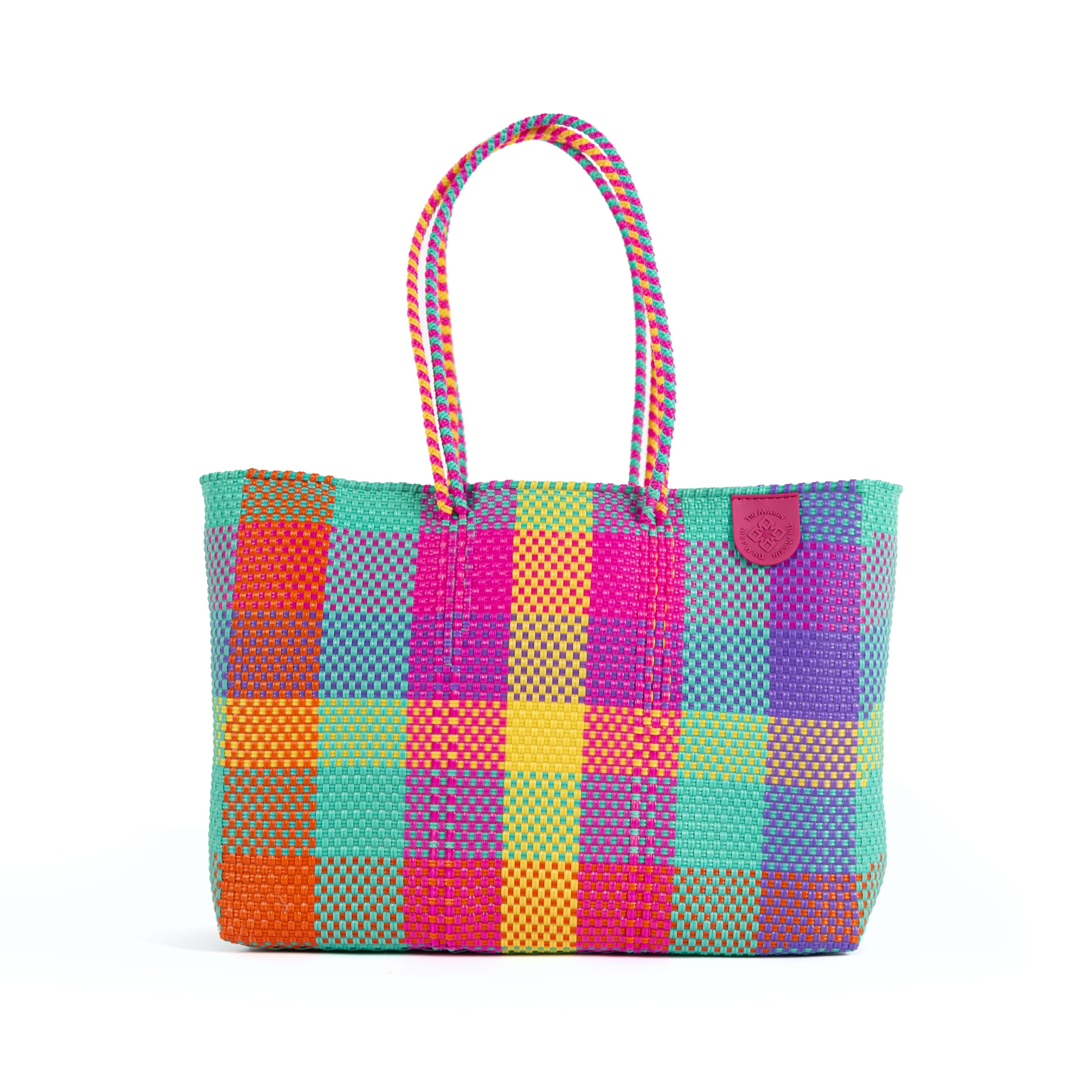 Fiesta Super Tote - Handwoven Mexican Plastic Beach Bag | Water-Resistant Summer Tote in Vibrant Colors | Perfect for Pool Parties, Beach Vacations & Shopping Trips