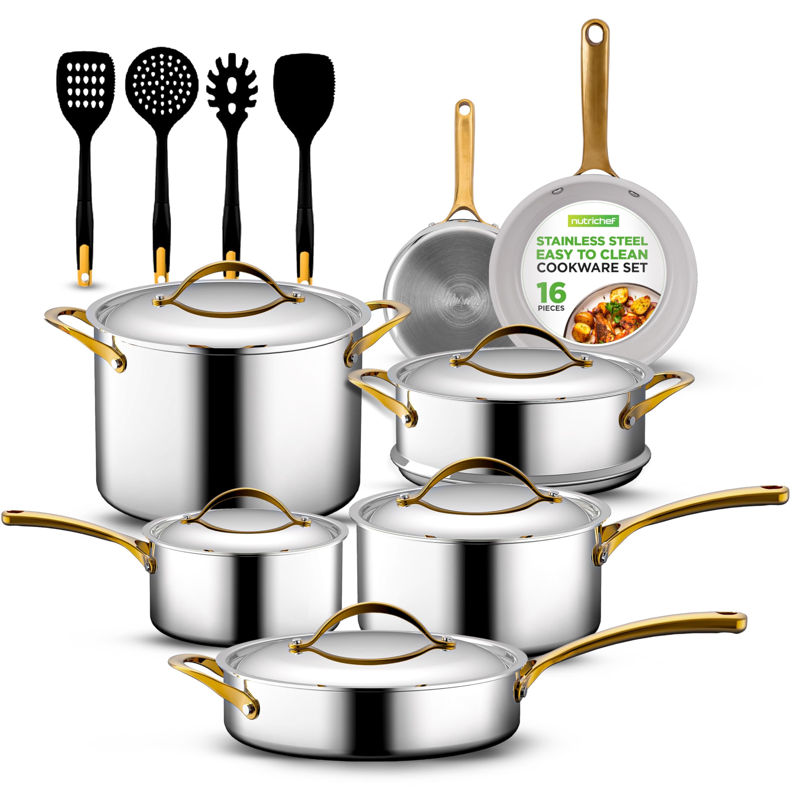 NutriChef 16-Piece Stainless Steel Cookware Set with Non-Stick Ceramic Coated Fry Pan & Nylon Utensils - Premium Kitchen Pots & Pans for Healthy Cooking | Perfect for Home Chefs, Family Meals & Professional Kitchens
