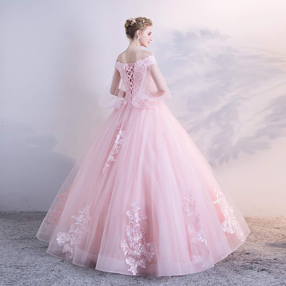 Emmani Women's Off Shoulder Lace Applique Wedding Dress - A-Line Long Formal Prom Evening Gown in Blush Pink | Perfect for Bridal, Quinceañera, and Red Carpet Events