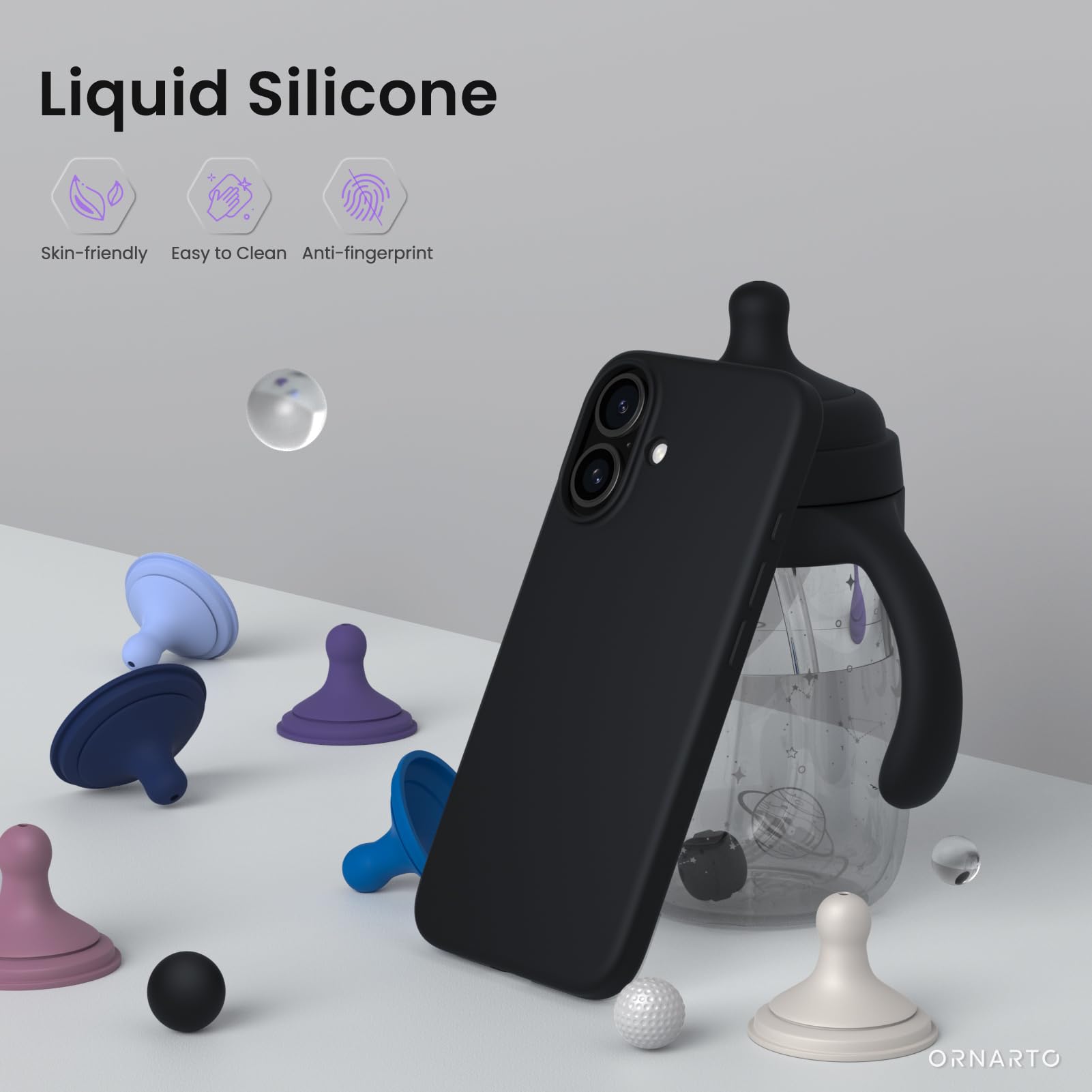 ORNARTO Liquid Silicone Case for iPhone 16 (6.1 Inch) - Ultra Slim & Shockproof Soft Protective Cover - Perfect for Everyday Use, Travel & Outdoor Activities (Black)