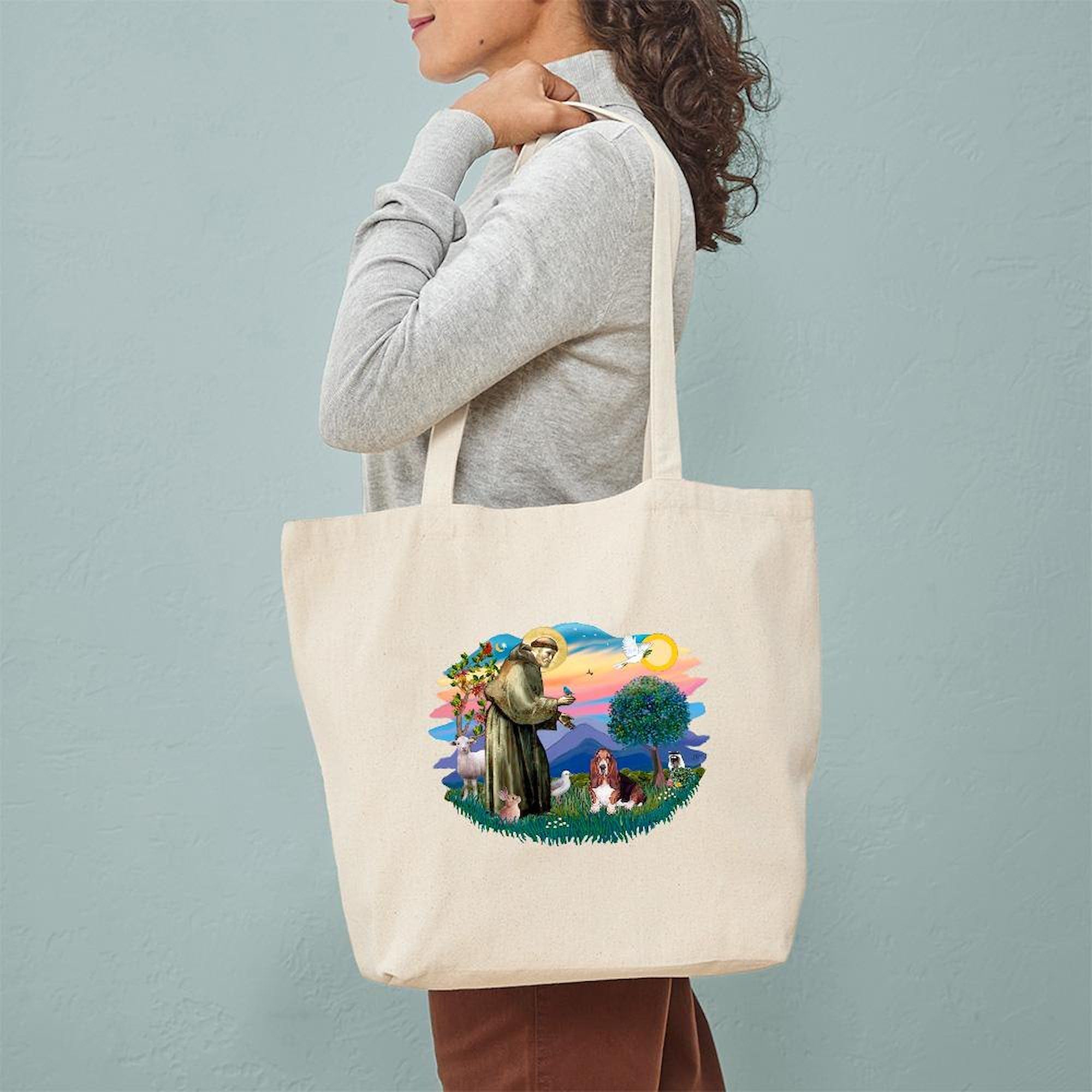 St. Francis & Basset Hound Canvas Tote Bag - Eco-Friendly Reusable Shopping Bag for Groceries, Beach & Daily Use