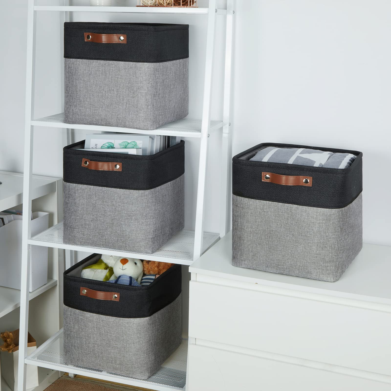 12x12 Fabric Cube Storage Bins 4-Pack - Large Collapsible Storage Baskets with Handles for Organizing Towels, Blankets, Toys & Home Essentials - Perfect for Closet, Nursery & Living Room Organization (Black & Gray)