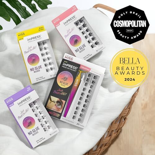 KISS imPRESS False Eyelashes - 12 Pack of Pre-Bonded Lash Clusters (12mm-14mm) | Airy Wispy Falsies for Natural Look | Contact Lens Friendly & Reusable | Perfect for Daily Wear, Parties & Special Occasions