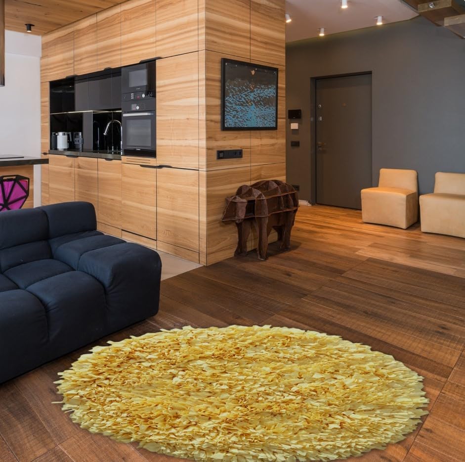 Bella Premium Jersey Shaggy Rug - Soft Machine Washable Non-Slip Round Area Rug for Living Room, Bedroom & Nursery - Foldable Indoor Carpet Easy to Clean - 3' Yellow Accent Rug - Perfect for Cozy Home Decor & Pet-Friendly Spaces