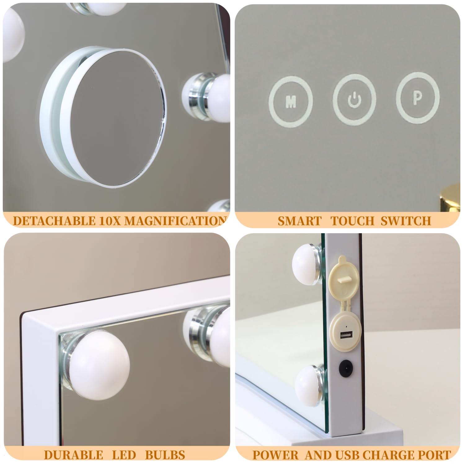 Vanity Mirror with Lights - 15 Dimmable LED Bulbs, 3 Color Lighting Modes, 10x Magnification & 360° Rotation for Makeup & Skincare | Perfect for Dressing Room, Bedroom & Bathroom (Off White)
