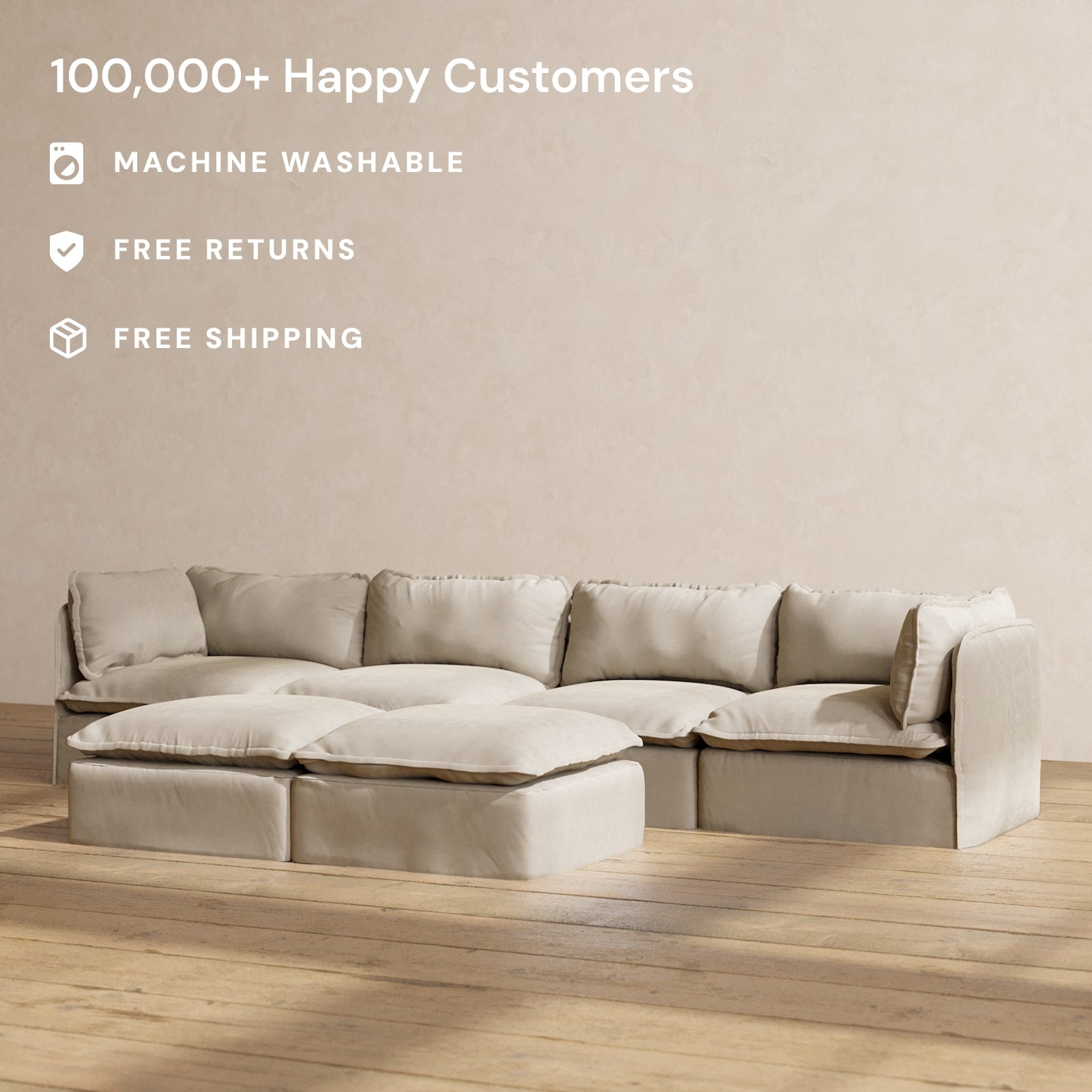 Modular Performance 4-Seater Sofa with Bench Ottoman in Dune Color | Relaxed Blend Fabric | Perfect for Living Room, Family Room or Home Theater Seating