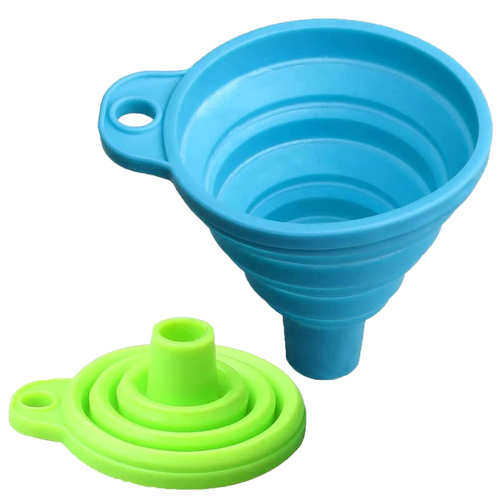 KINDOYO Set of 2 Foldable Silicone Funnels - Collapsible Kitchen Funnel for Cooking, Baking, Oil & Liquid Transfer | Soft BPA-Free Gel Funnel (Blue + Green) | Perfect for Home Kitchen, Camping & DIY Projects