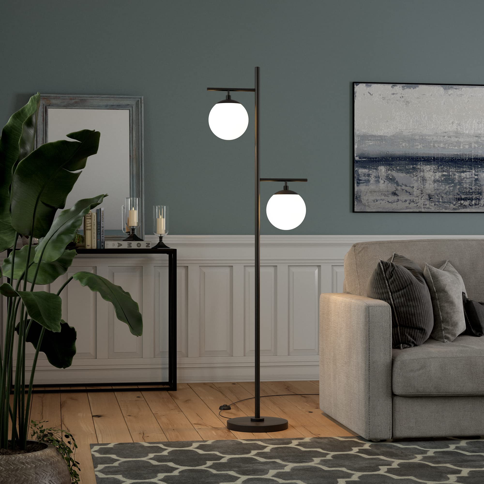 Henn&Hart 2-Light Blackened Bronze Floor Lamp with Glass Shades - Modern Lighting for Living Room, Bedroom, Office & Dining Room - Perfect for Reading, Relaxing & Home Decor