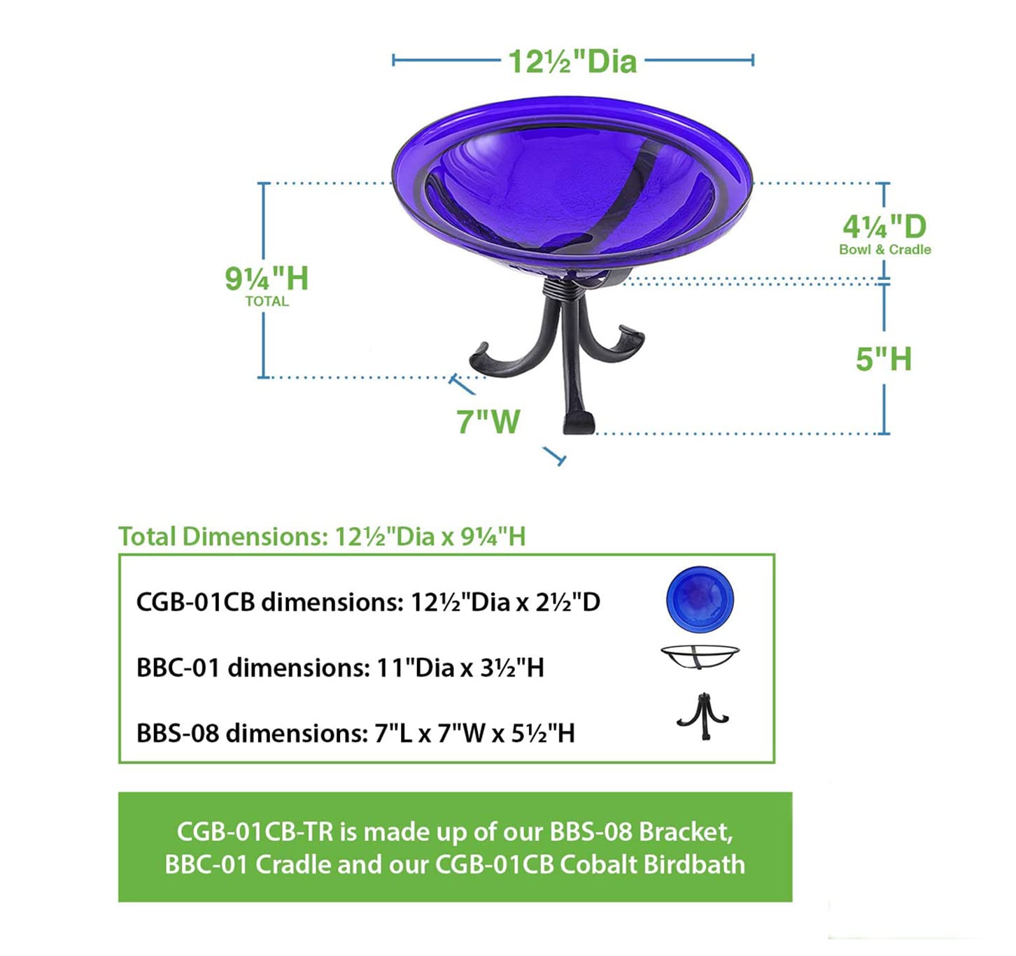 12 Inch Cobalt Blue Crackle Glass Tripod Stand Bird Bath for Garden - Outdoor Decorative Bird Feeder with Elegant Crackle Finish, Perfect for Attracting Birds to Your Backyard or Patio