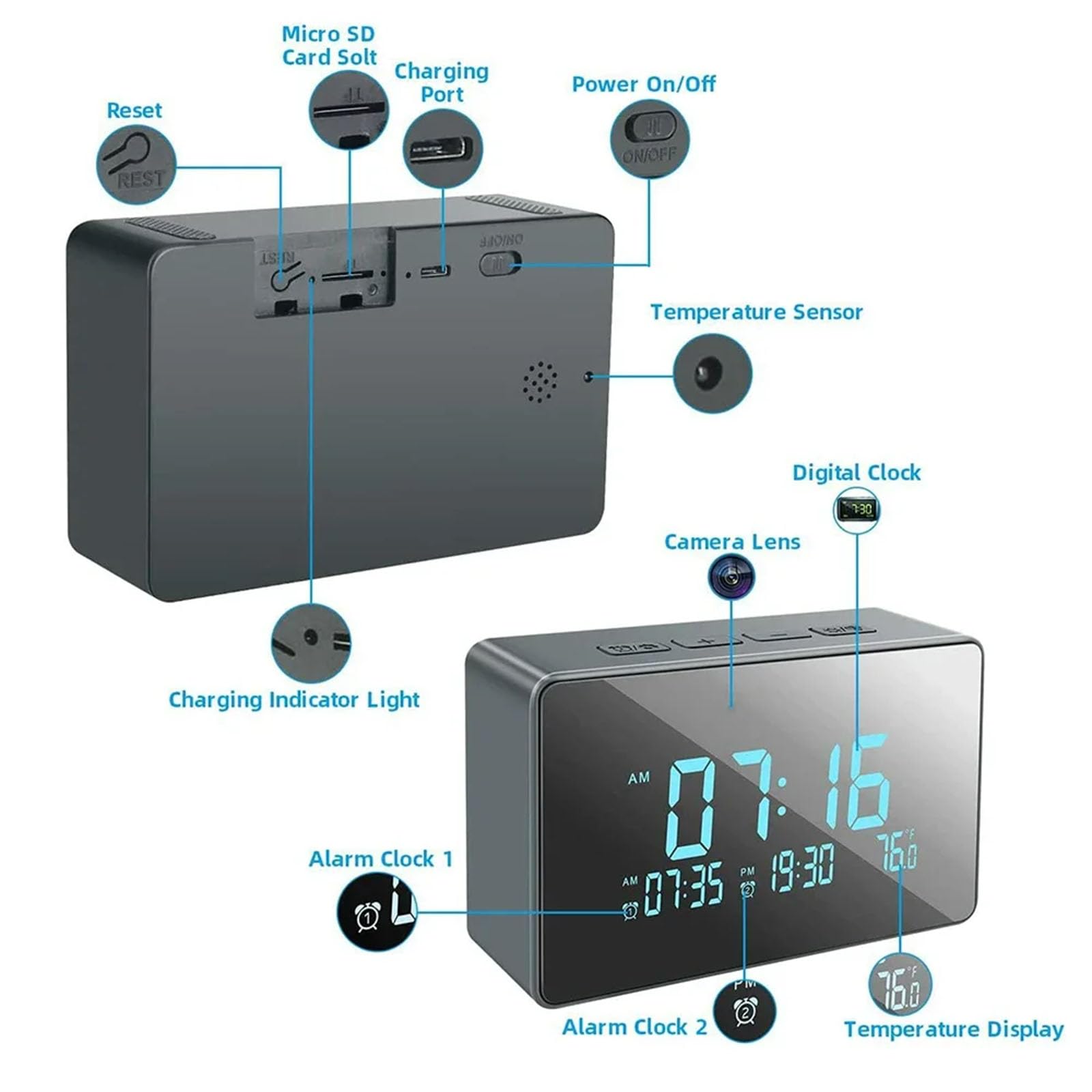 FKINGLRK Wireless IP Security Camera with Dual Alarm Clock - 1080P HD, Night Vision, WiFi Remote Monitoring for Home & Office Surveillance | Perfect for Baby Monitor, Pet Camera, and Indoor Security