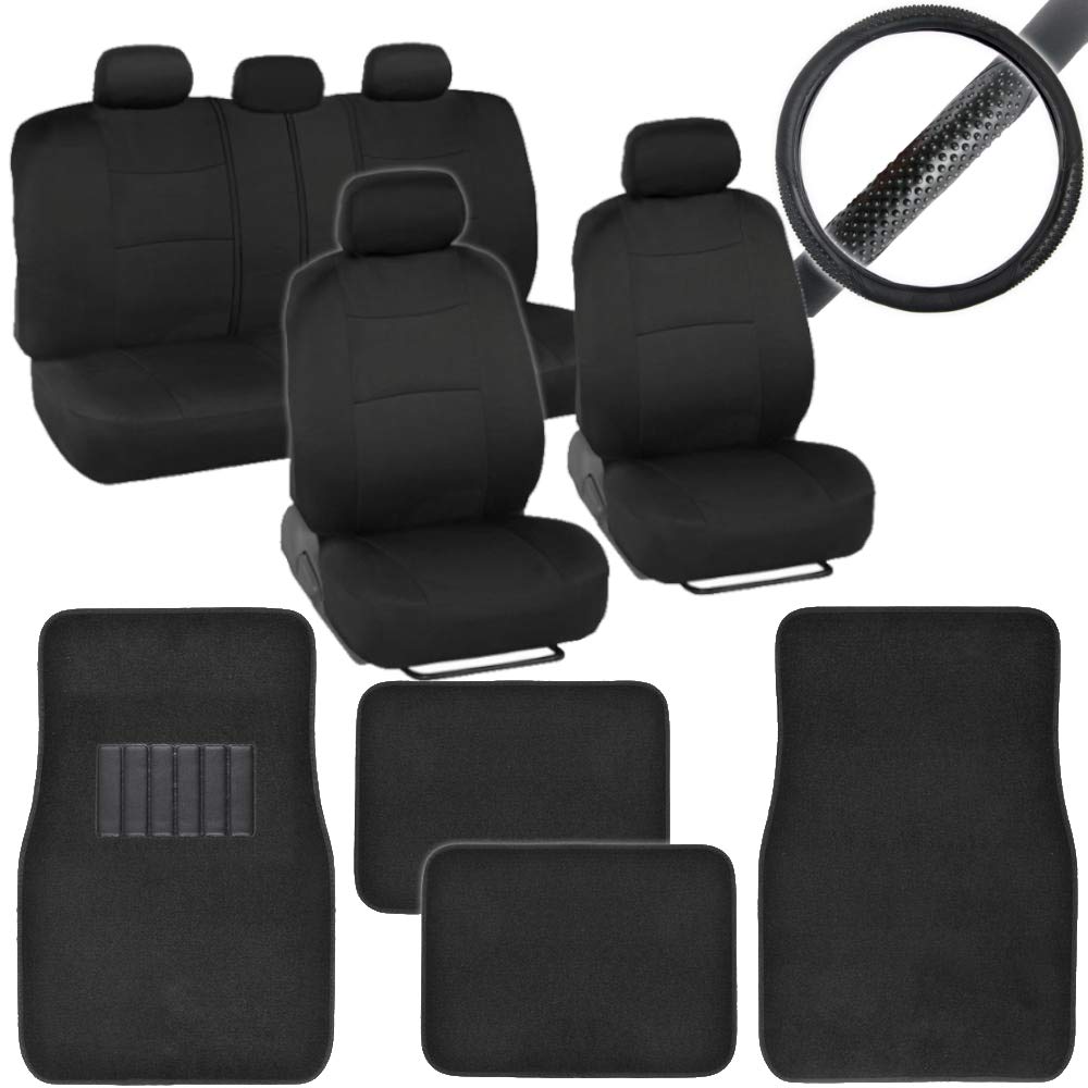 BDK 4-Piece Auto Carpet Floor Mats Set with PolyPro Car Seat Covers & Steering Wheel Cover - Universal Fit for Cars, Trucks, Vans & SUVs | Waterproof & Durable Interior Accessories in Black | Perfect for Daily Commute, Road Trips & Family Travel