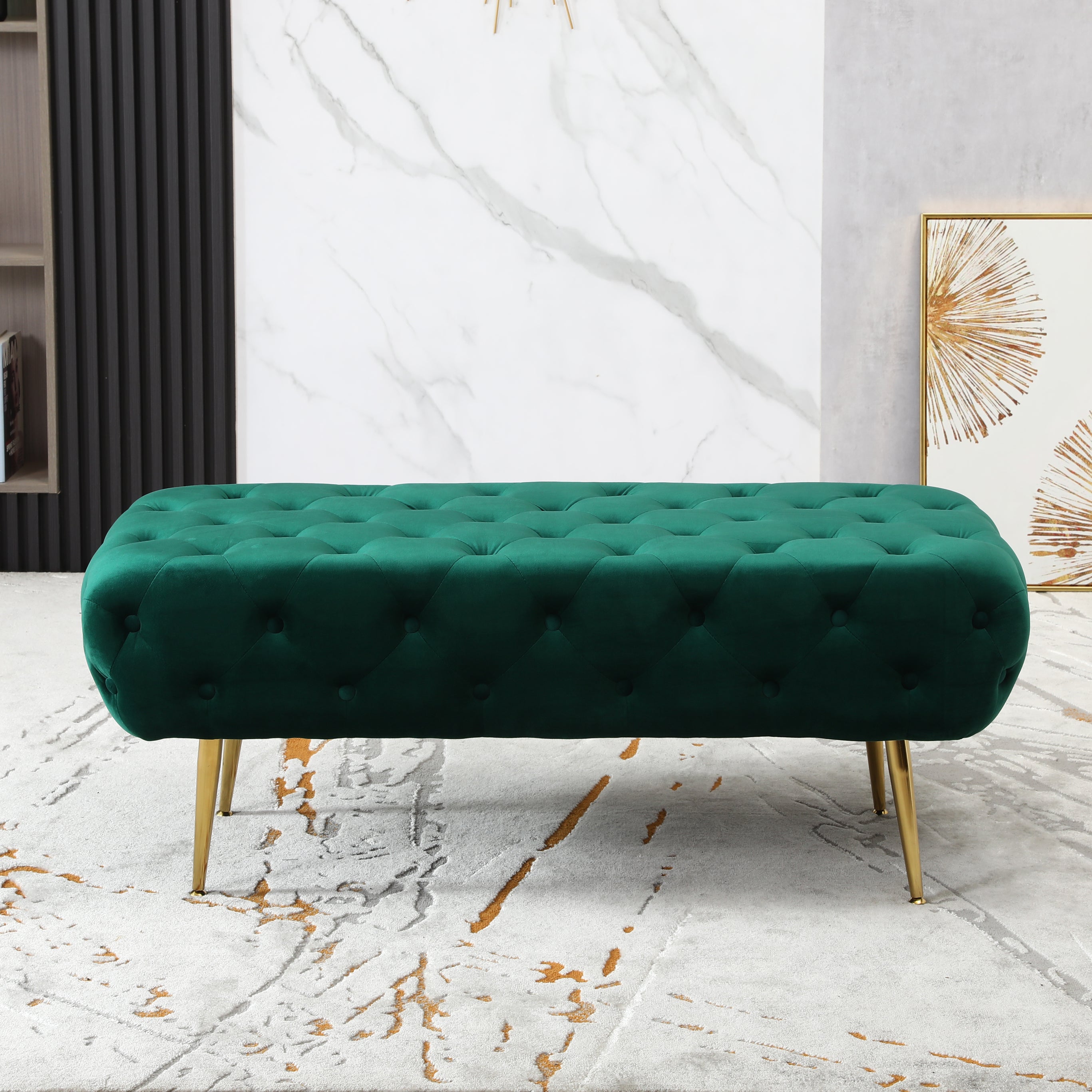 Roundhill Furniture Sira Velvet Button Tufted Bench with Gold Metal Legs - Green Velvet Upholstered Storage Ottoman for Living Room, Bedroom & Entryway - Perfect for Seating, Decor & Extra Storage