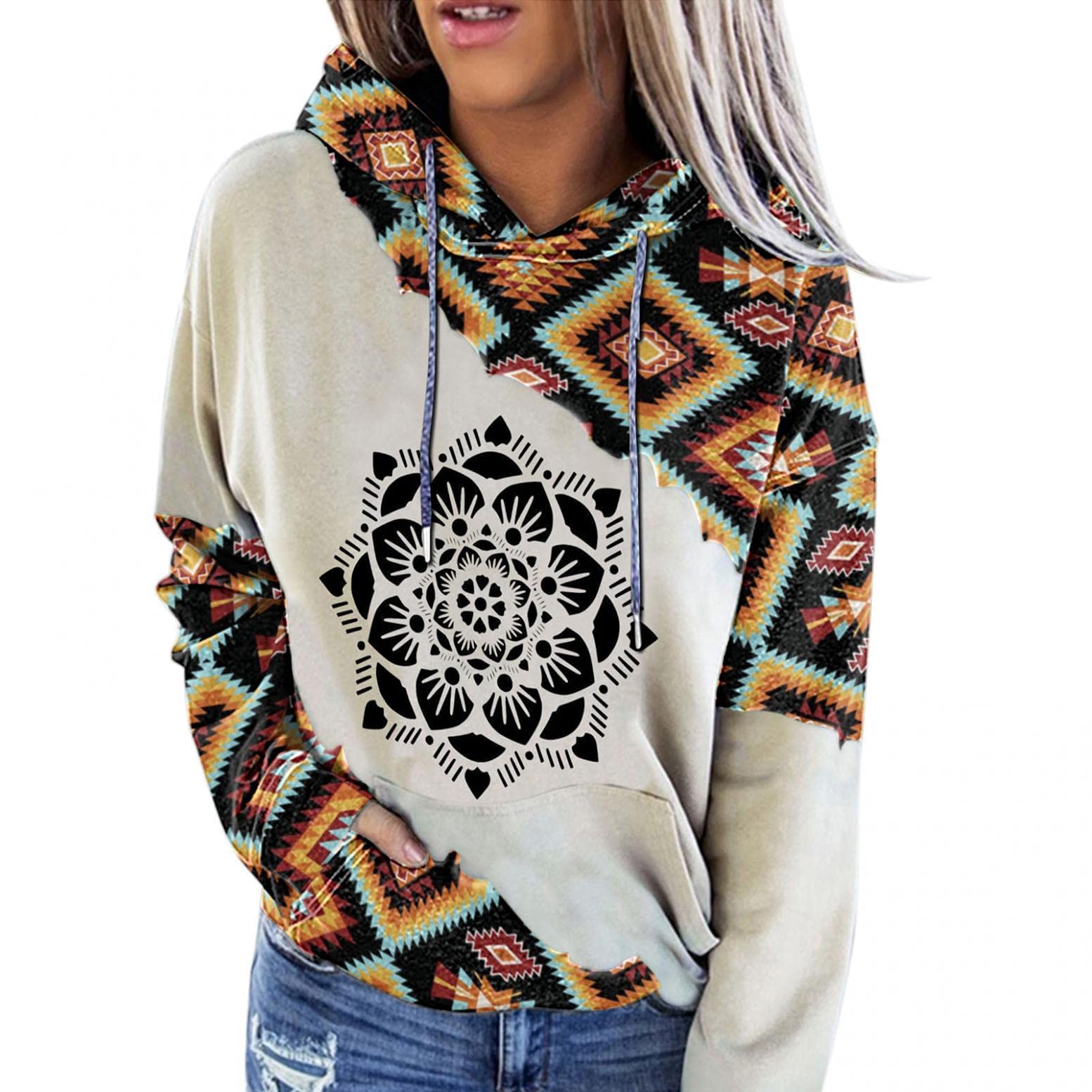 FABIURT Women's Western Ethnic Printed Hoodie - Long Sleeve Loose Pullover Sweatshirt, Oversized Winter Sweater for Casual Wear & Outdoor Activities