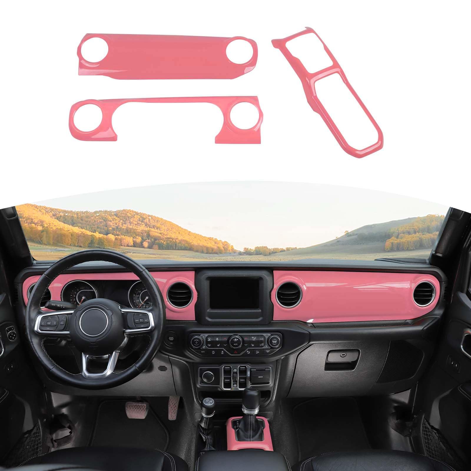 RT-TCZ Pink Dash Trim Cover & Gear Shift Panel Frame for Jeep Wrangler JL/JLU/Gladiator JT (2018-2023) - 3pc Interior Accessories for Stylish Customization & Off-Road Protection