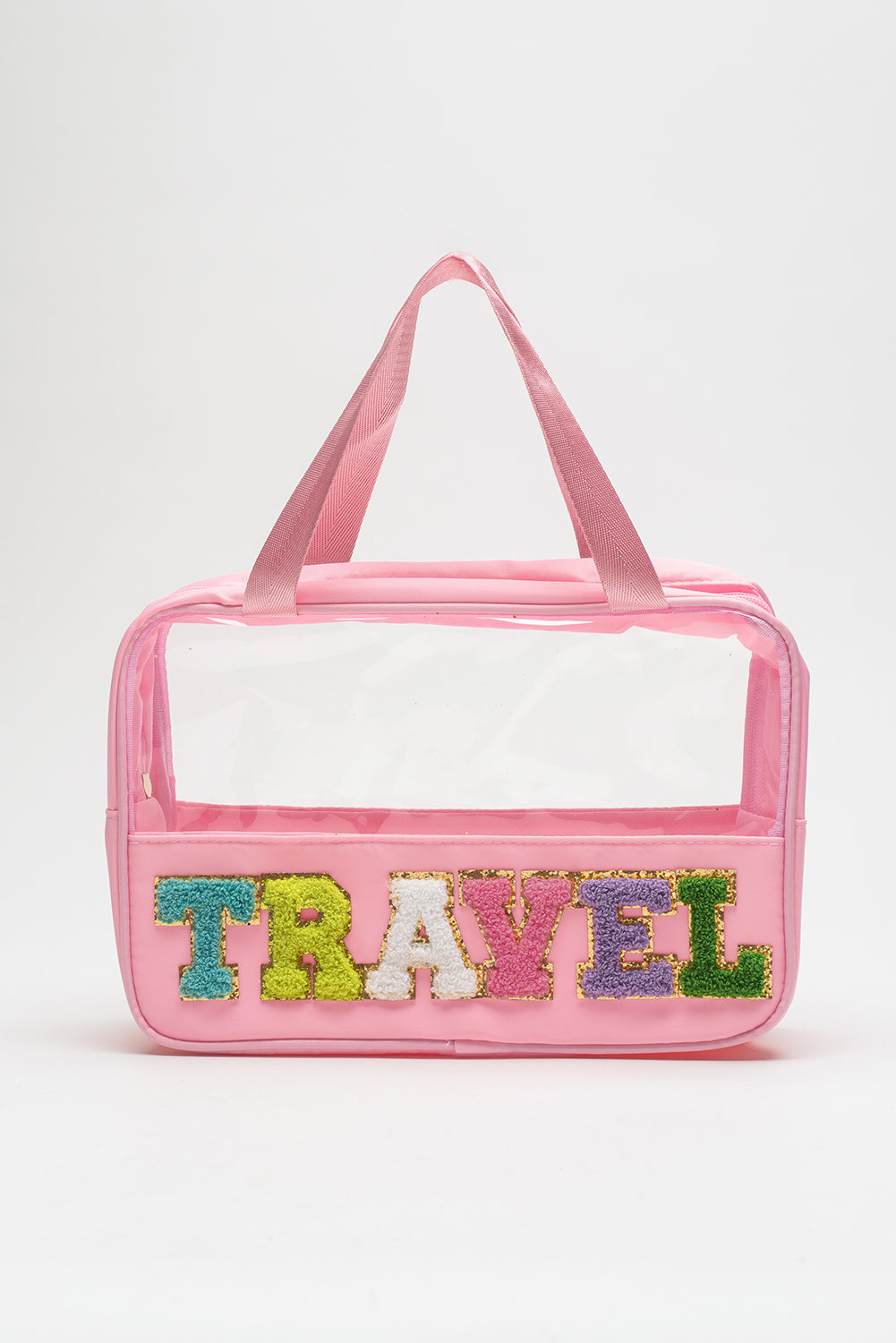 Stylish Chenille Letter Clear PVC Makeup Bag for Travel - Perfect Cosmetic Organizer for Vacation, Gym & Daily Essentials