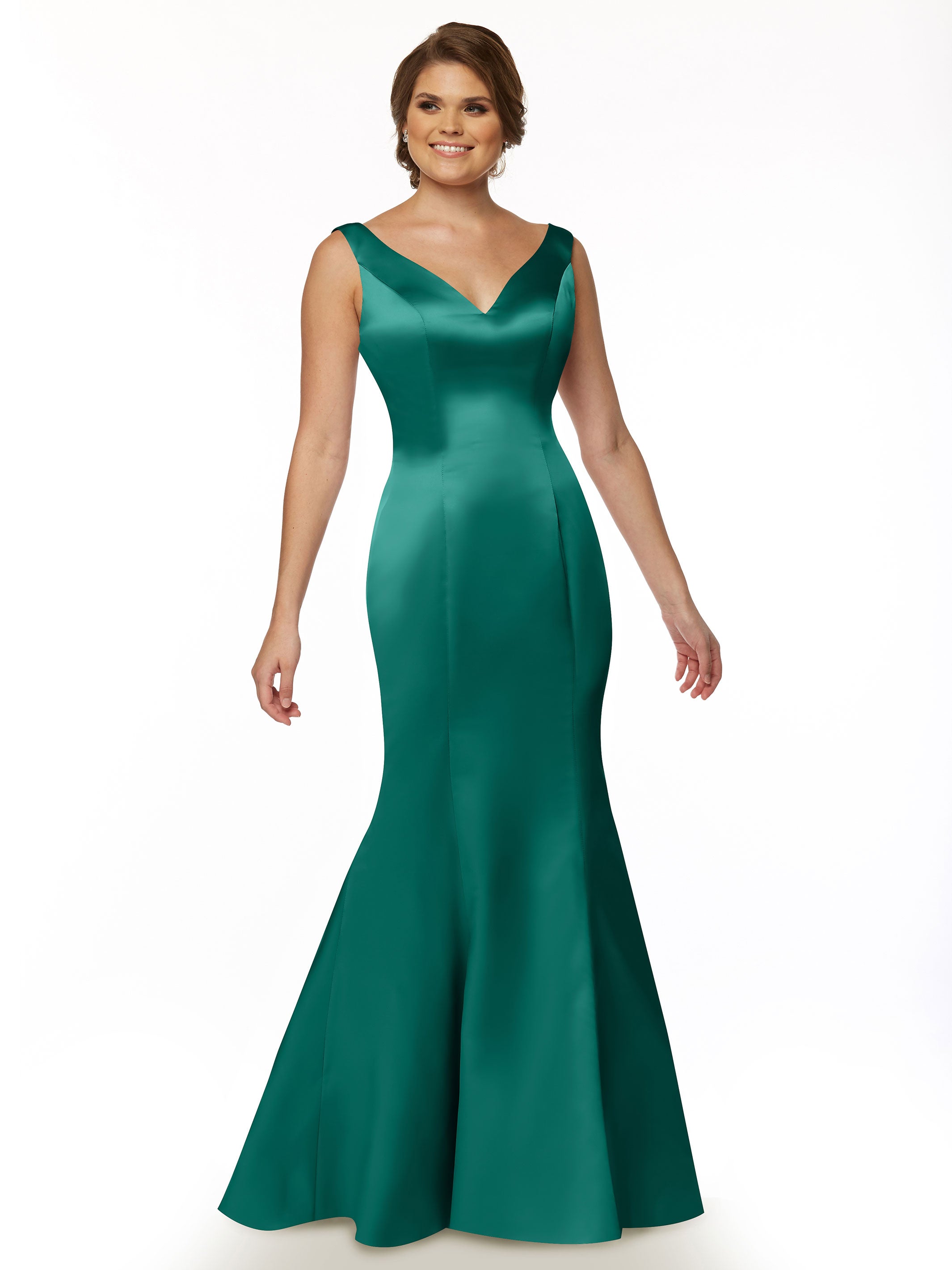 Elegant Fit and Flare Satin Bridesmaid Dress with V-Neckline & Ruffled Back - Perfect for Weddings, Formal Events & Special Occasions