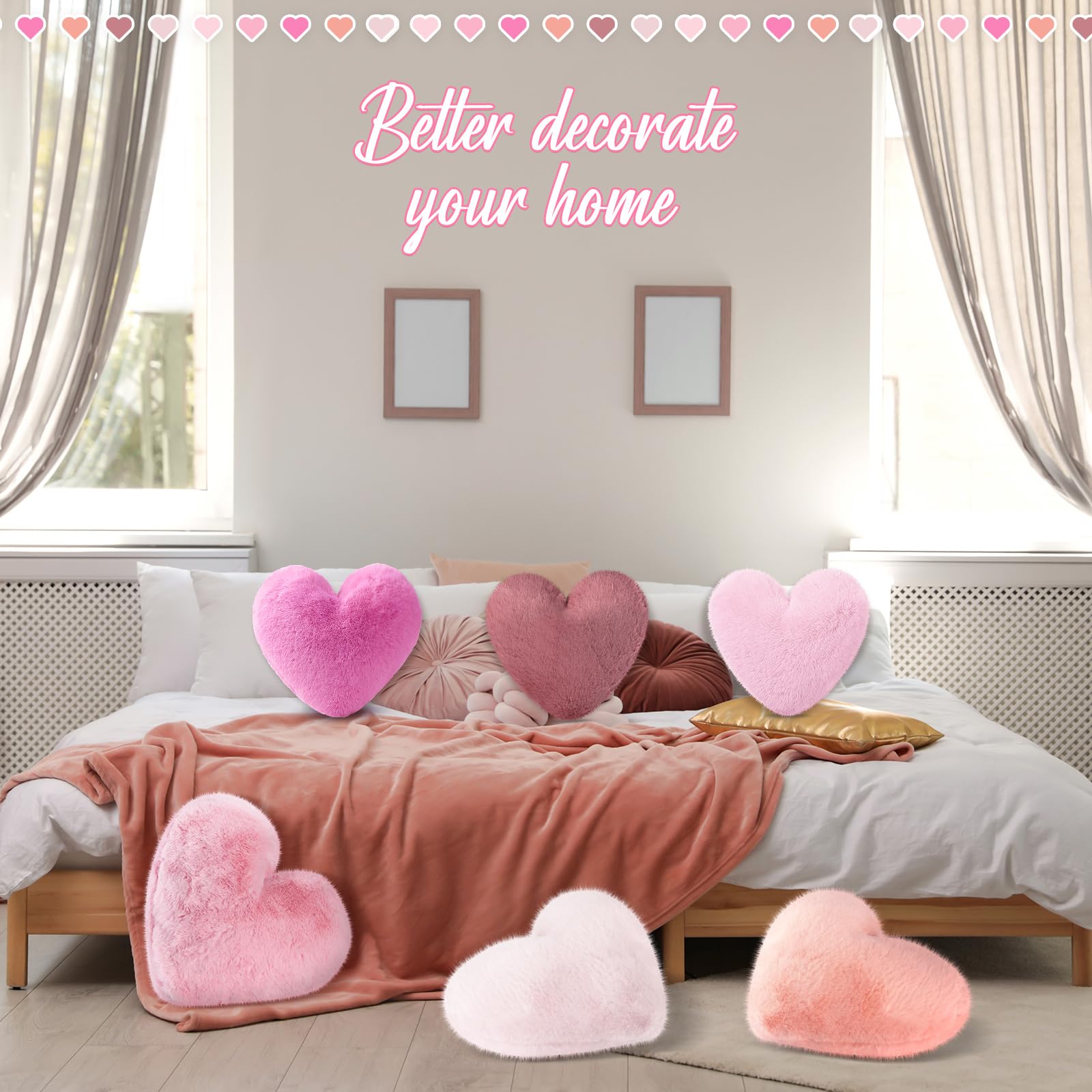 Liliful 6-Piece Faux Rabbit Fur Heart Pillows - Soft Fluffy Decorative Throw Cushions for Bed, Sofa & Couch (12x11 Inch, Pink) - Perfect for Girls' Rooms, Valentine's Day Gifts & Cozy Home Decor