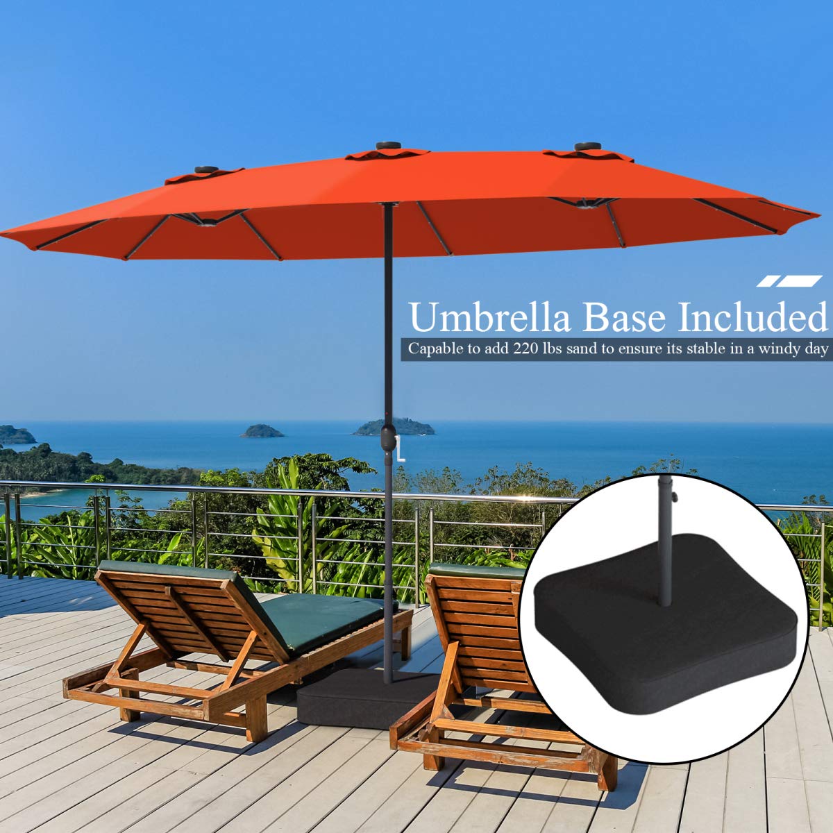 Tangkula 15 Ft Solar LED Patio Double-Sided Umbrella with Heavy Duty Base - Extra Large Outdoor Twin Umbrella with 36 Solar Powered LED Lights & Easy Crank System - Perfect for Garden, Deck, Poolside, Patio Furniture (Orange) | Ideal for Outdoor Dining, Backyard Parties & Summer Relaxation