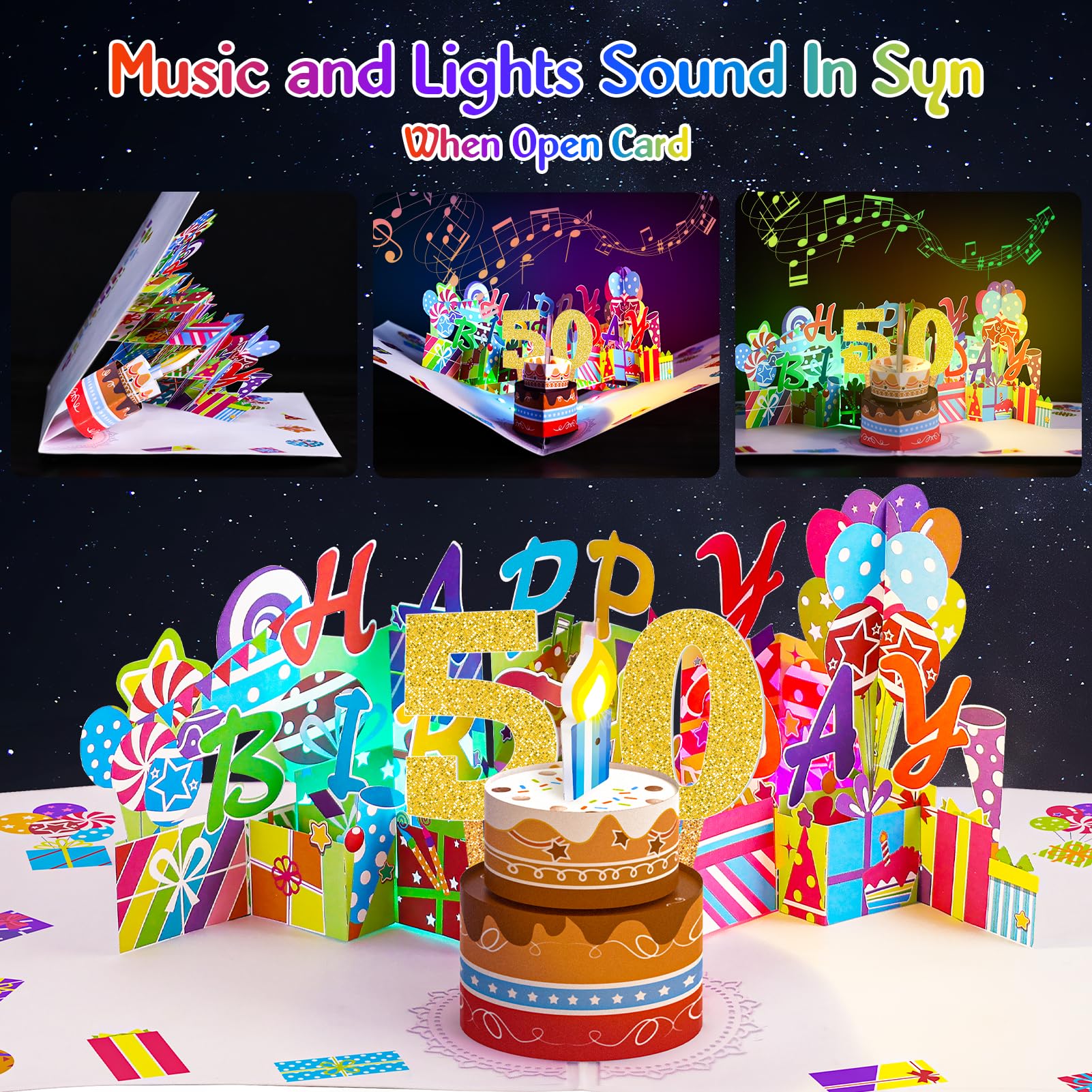 Gumry 50th Birthday Musical Pop-Up Card - Blowable Colorful LED Candle 3D Greeting Card with Birthday Song & Applause Sound Effects - Perfect 50th Birthday Gift for Women & Men - Great for Milestone Celebrations, Surprise Parties & Special Occasions