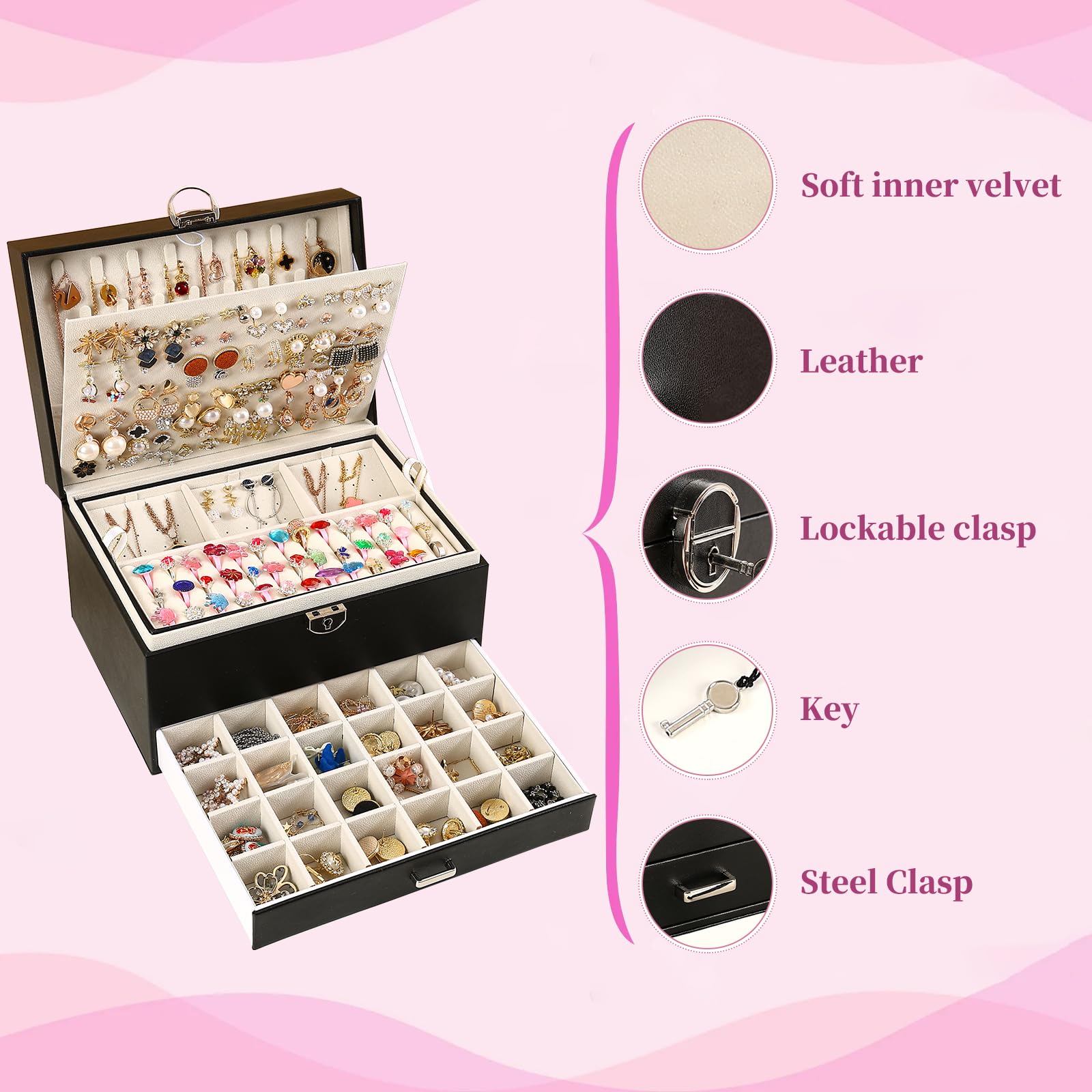 5-Layer Jewelry Organizer Box for Women - Large Jewelry Storage Holder for Necklaces, Bracelets, Earrings & Rings - Perfect for Bedroom Vanity, Travel & Gift Giving (Black)