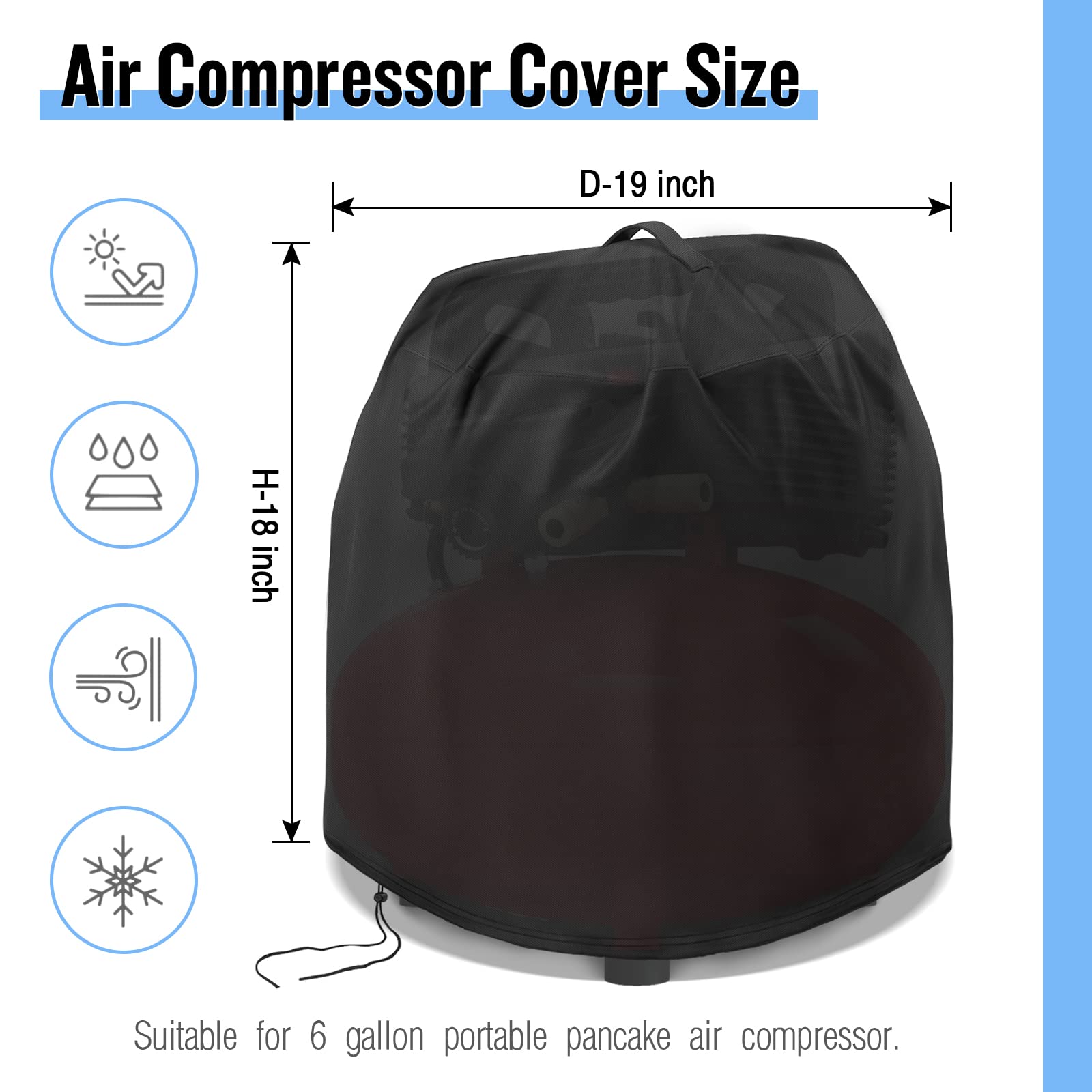 Kingling 6 Gallon Air Compressor Cover - Waterproof Dust Protection for Portable Pancake Air Compressors (Black) | Ideal for Garage Storage, Construction Sites & Outdoor Equipment Protection