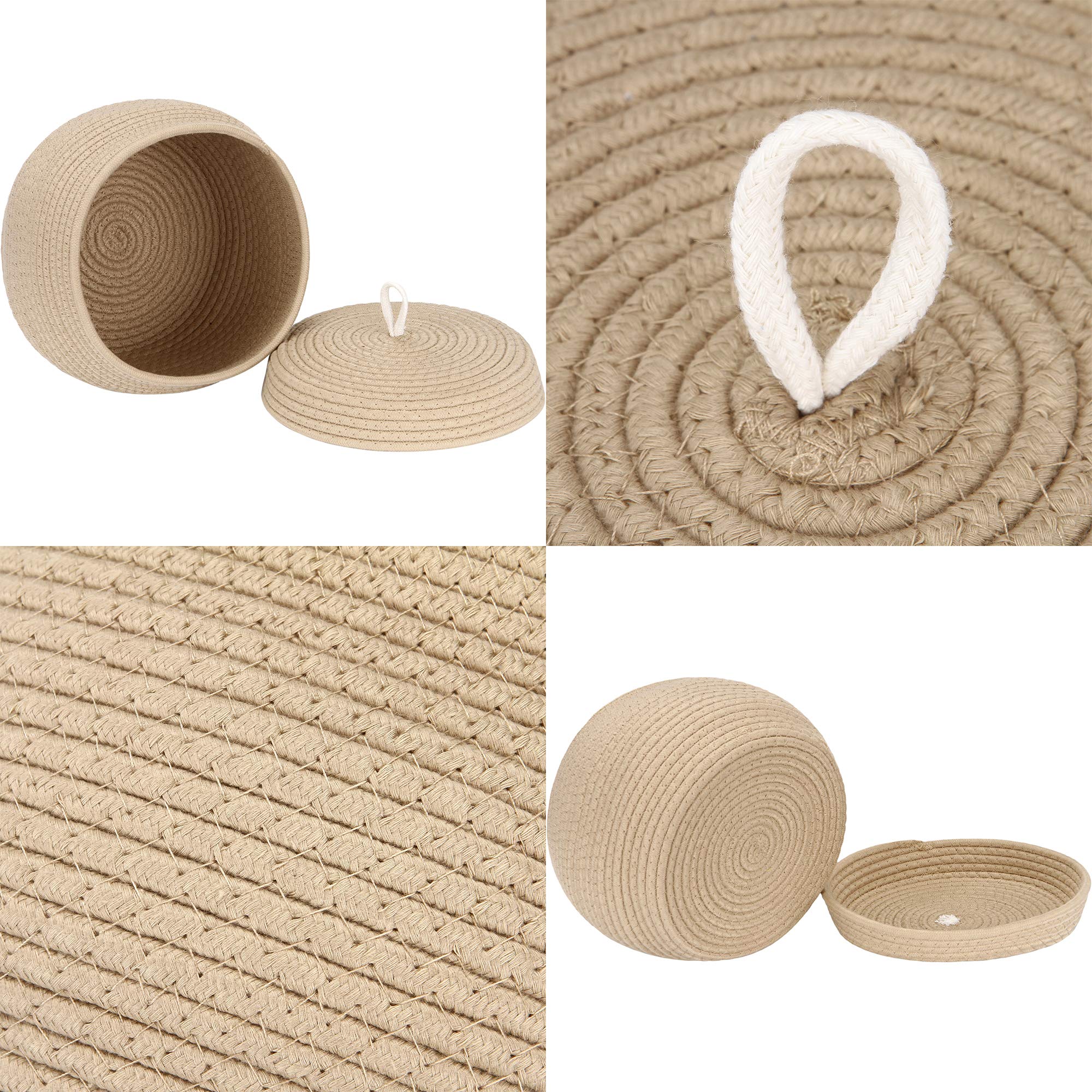 Sea Team Round Cotton Rope Storage Basket with Lid - Decorative Woven Organizer Bin for Home, Nursery & Office - Perfect for Snacks, Towels, Plants & Toys - 10 x 7.5 Inches Small Khaki Container