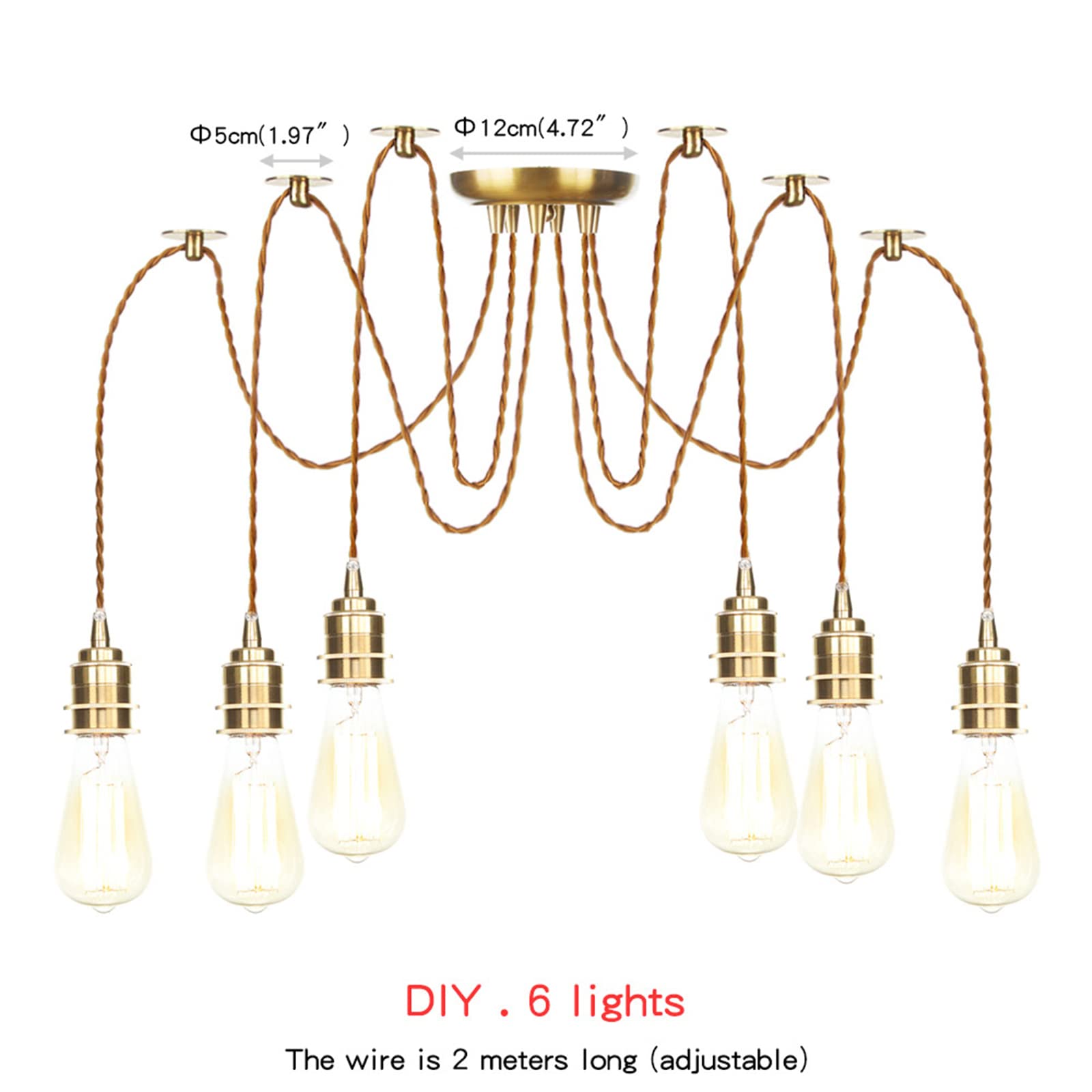 Vintage Edison Pendant Lights - Adjustable Height Industrial Hanging Chandelier with 6 Gold Copper Spider Lamps | Perfect for Dining Room, Kitchen Island, Bar, and Living Room Ceiling Lighting