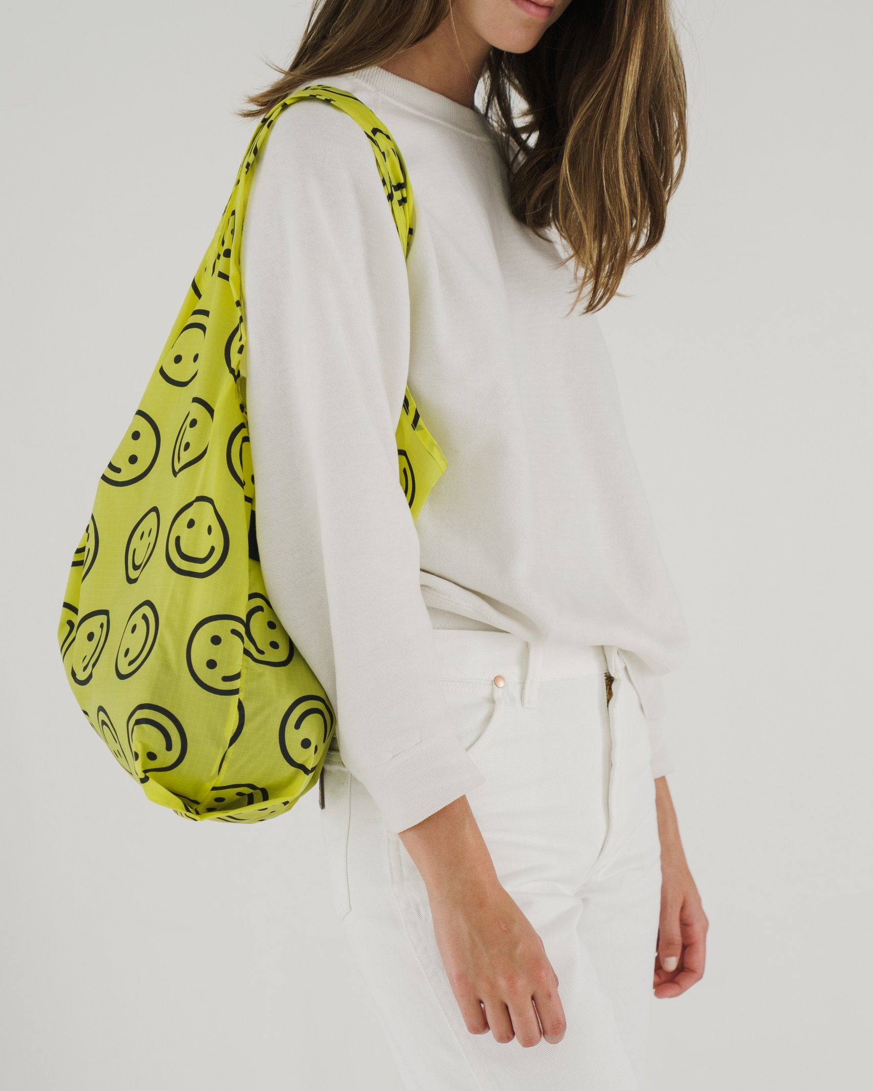 Baggu Standard Reusable Shopping Bag - Eco-Friendly Foldable Tote for Groceries & Beach (Yellow Happy) | Perfect for Grocery Shopping, Travel & Daily Errands