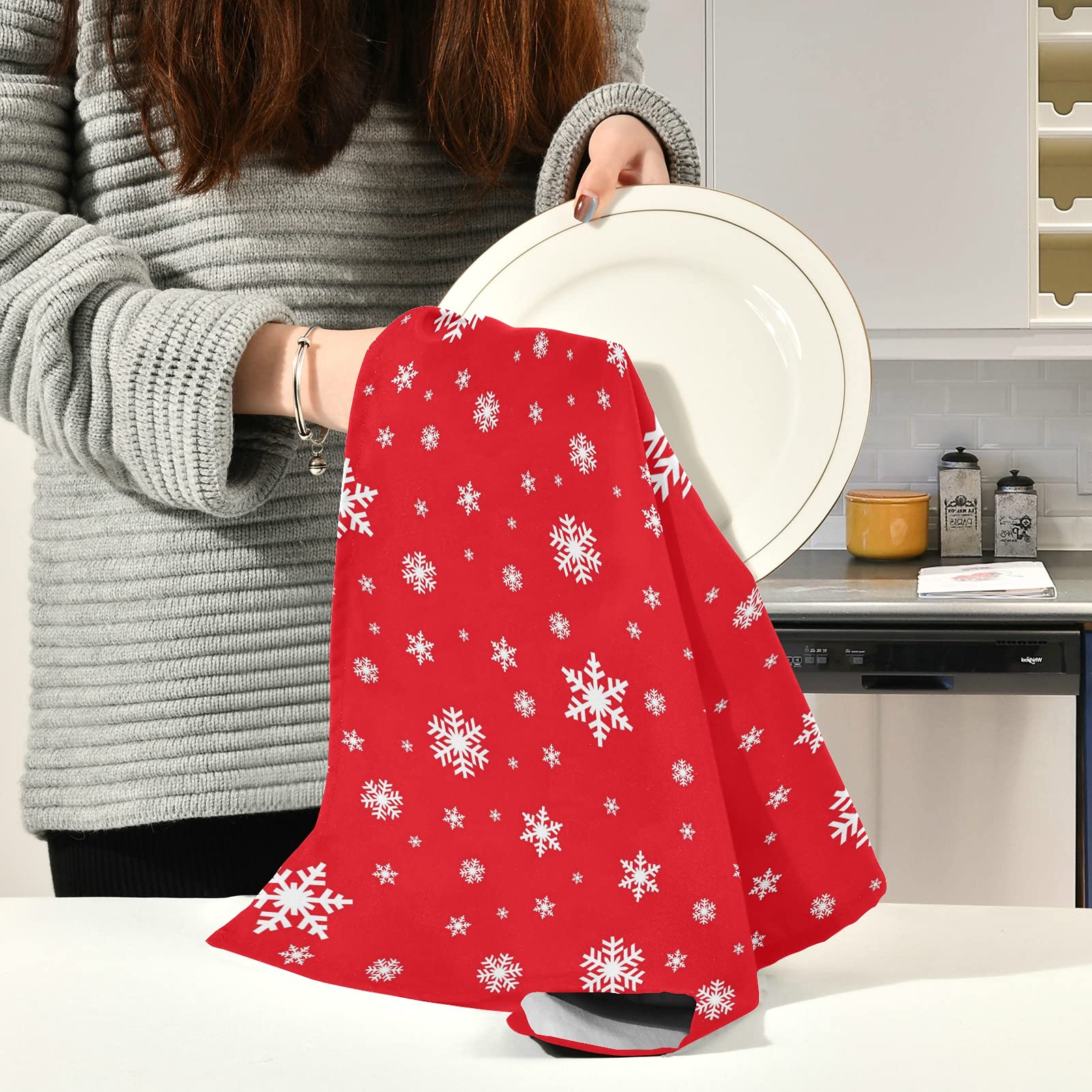 ALAZA Christmas Snowflake Red & White Kitchen Towels - 1 Pack Super Absorbent Soft Dish Bar Tea Towels (18x28 inches) - Perfect for Holiday Decor, Dish Drying & Gift Giving