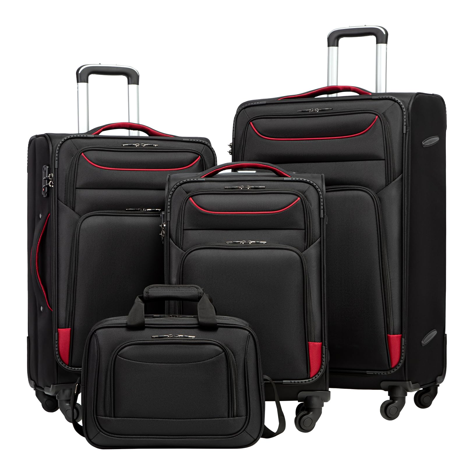 Coolife 4-Piece Lightweight Softshell Luggage Set with TSA Lock & Spinner Wheels - Black & Red Suitcase for Travel, Business Trips & Vacations