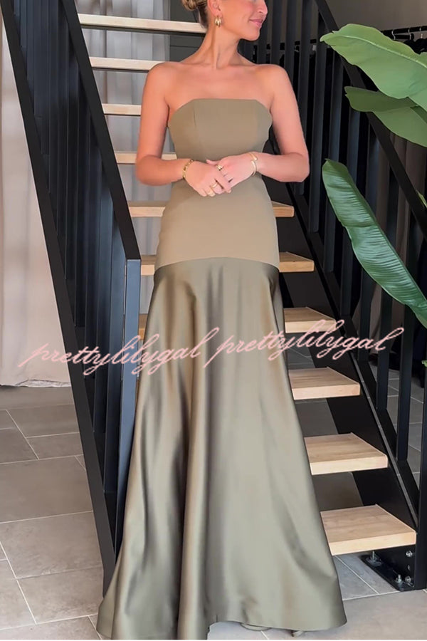 Timeless Elegance Satin Patchwork Strapless Flare Gown Maxi Dress for Women | Formal Evening Gown for Prom, Wedding, Red Carpet Events