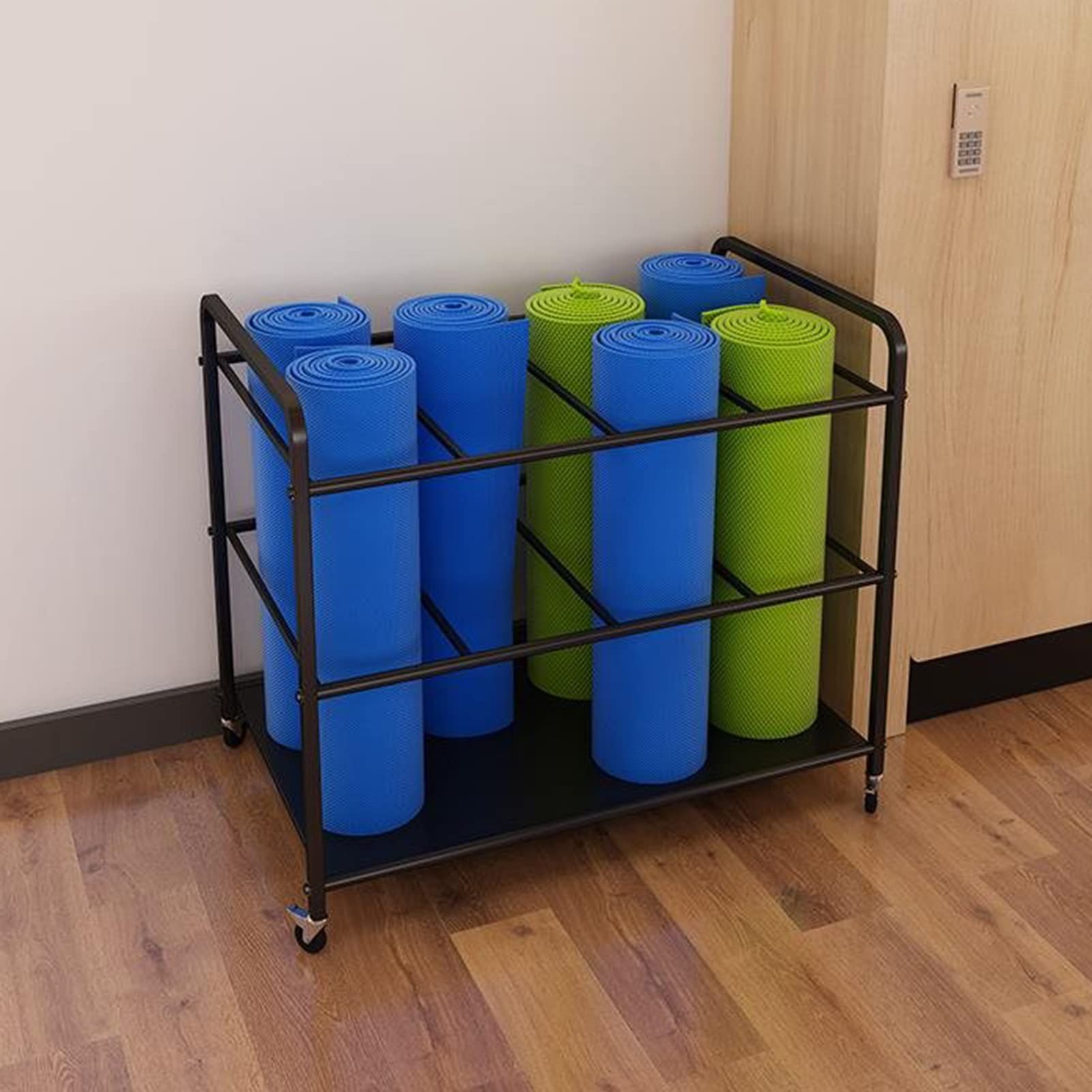 Large Capacity Yoga Mat & Foam Roller Storage Holder - Floor Standing Organizer with Wheels, Movable Storage Shelf for Home Gym, Yoga Studio & Fitness Equipment (Black)
