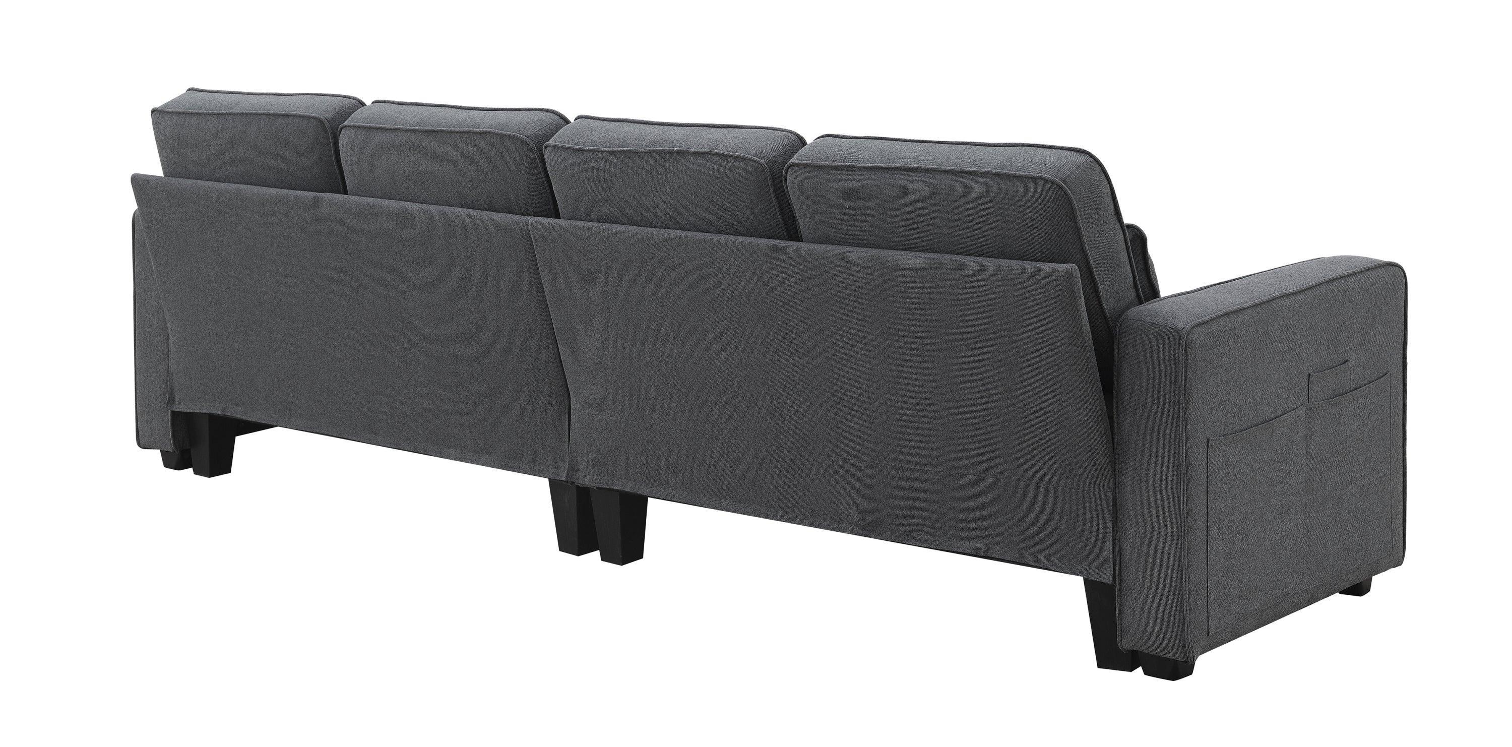 Modern 4-Seater Linen Fabric Sofa with Armrest Pockets & 4 Throw Pillows - Minimalist Living Room Couch for Small Spaces, Apartments and Cozy Home Decor