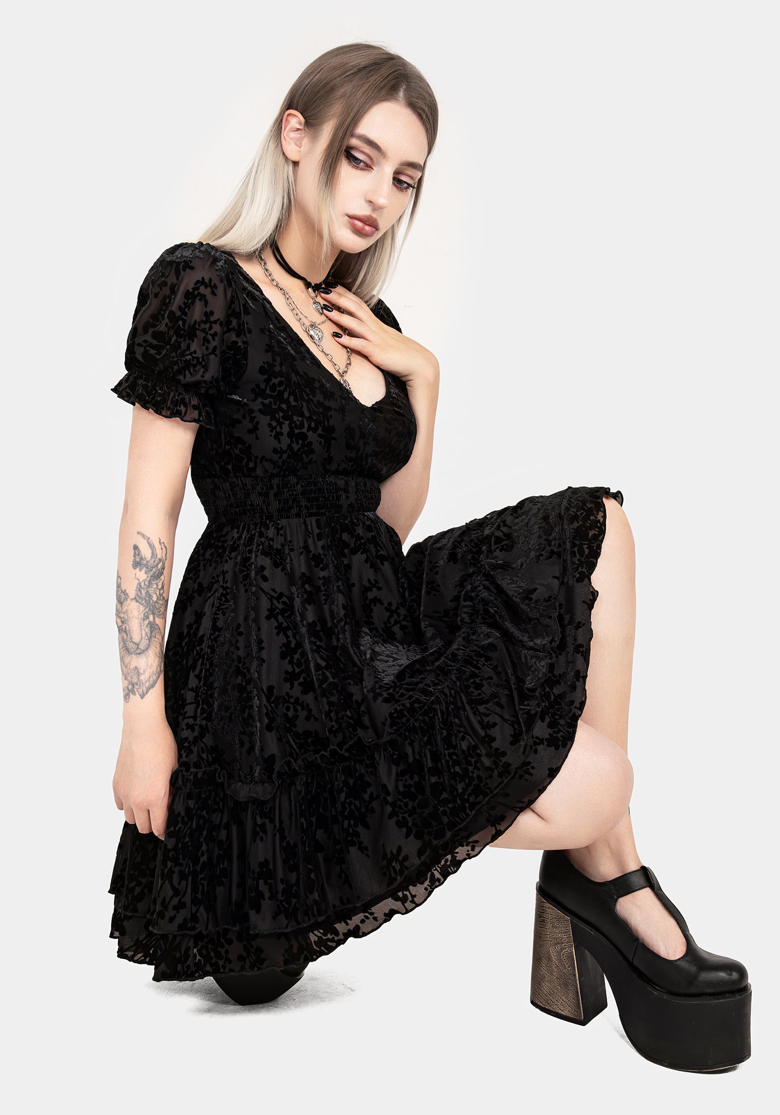Lilias Devoré Velour Mesh Tiered Mini Dress for Women - Sexy Party Club Dress for Night Out, Date Night & Special Occasions