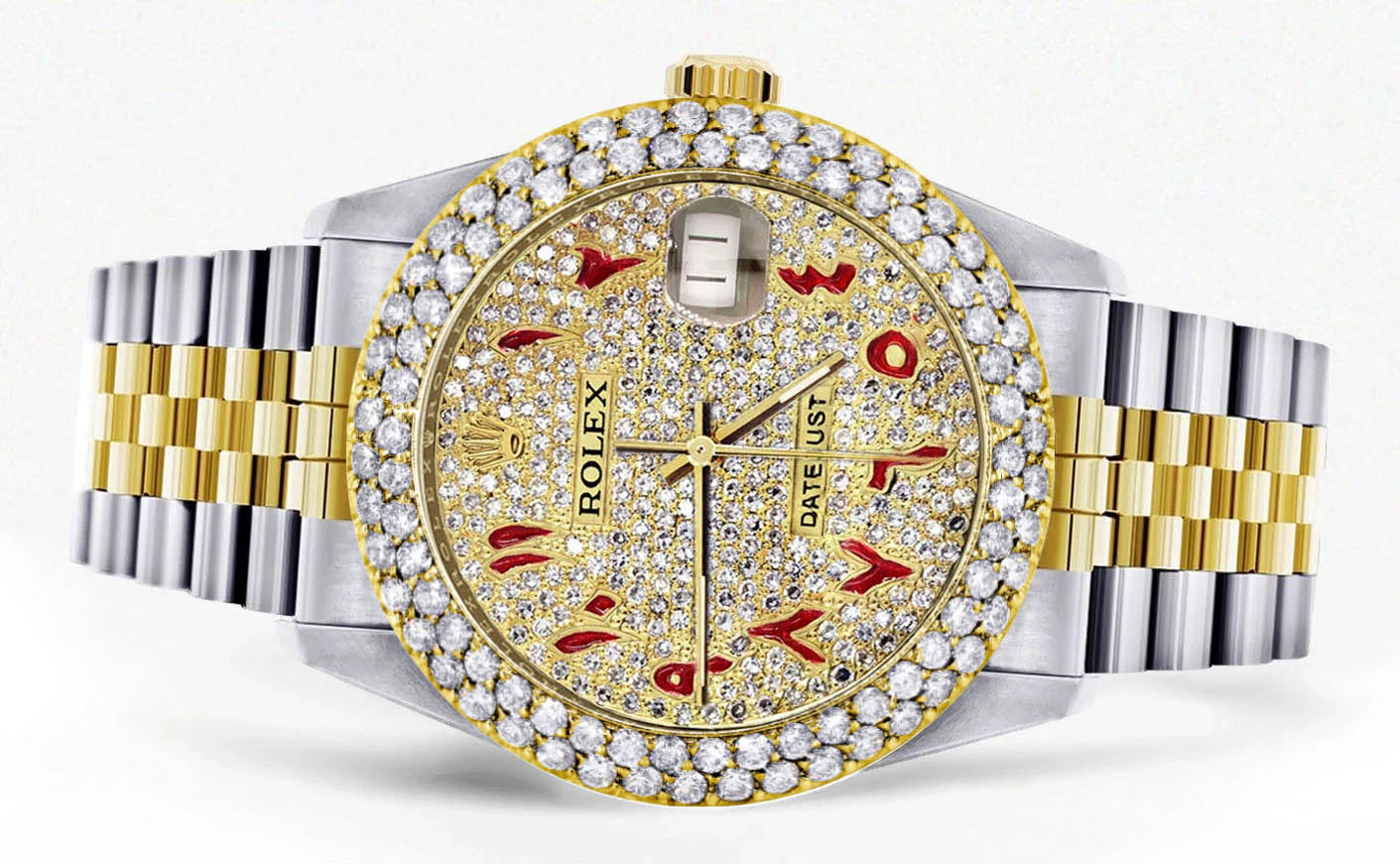 Luxury Diamond & Gold Rolex Watch for Men - 16233 Model | 36mm Custom Red Arabic Full Diamond Dial | 4.25 Carat Two Row Bezel | Jubilee Bracelet | Perfect for Gifts, Weddings & Special Occasions