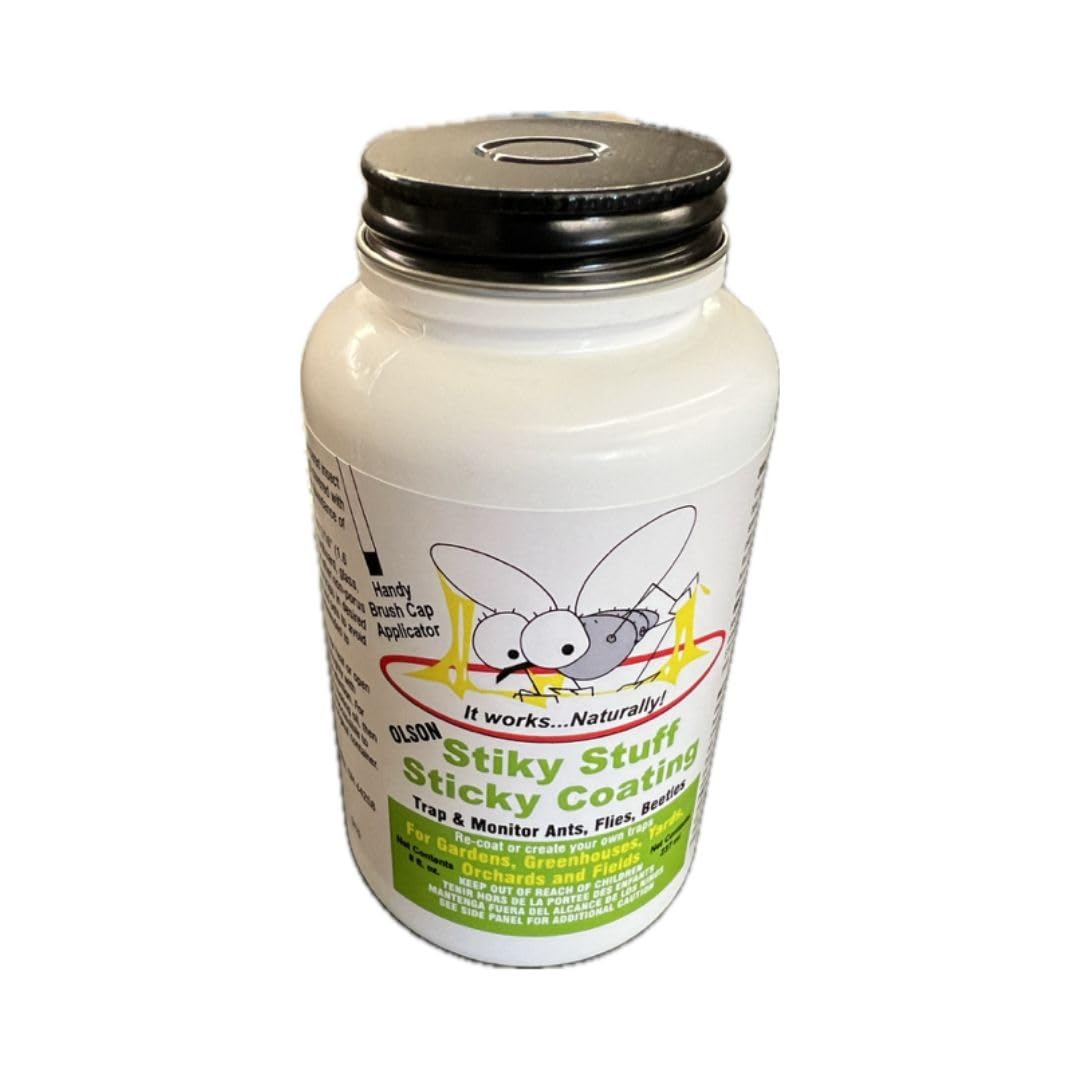 Olson Sticky Stuff Brush-On Insect Trap Coating - 8oz with Brush Cap | Non-Toxic Fly & Pest Control for Indoor/Outdoor Use | Ideal for Windows, Plants & Fruit Trees