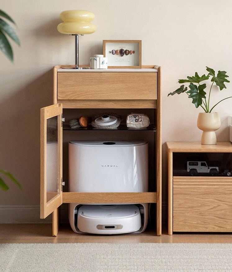 Solid Oak Wood Side Cabinet for Robot Vacuum Storage - Modern Rock Slab Design - Perfect for Living Room, Bedroom, or Home Office Organization