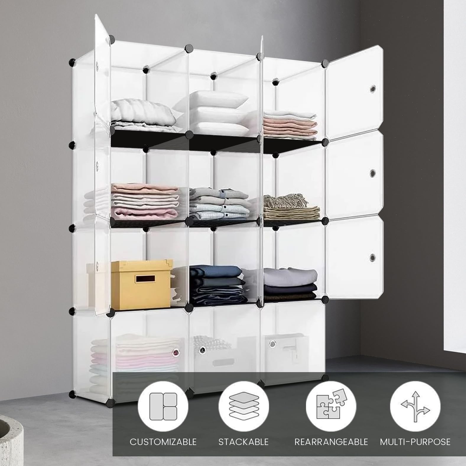 12-Piece Plastic Storage Bins with Doors - Portable Dresser Cubes for Clothes & Home Organization