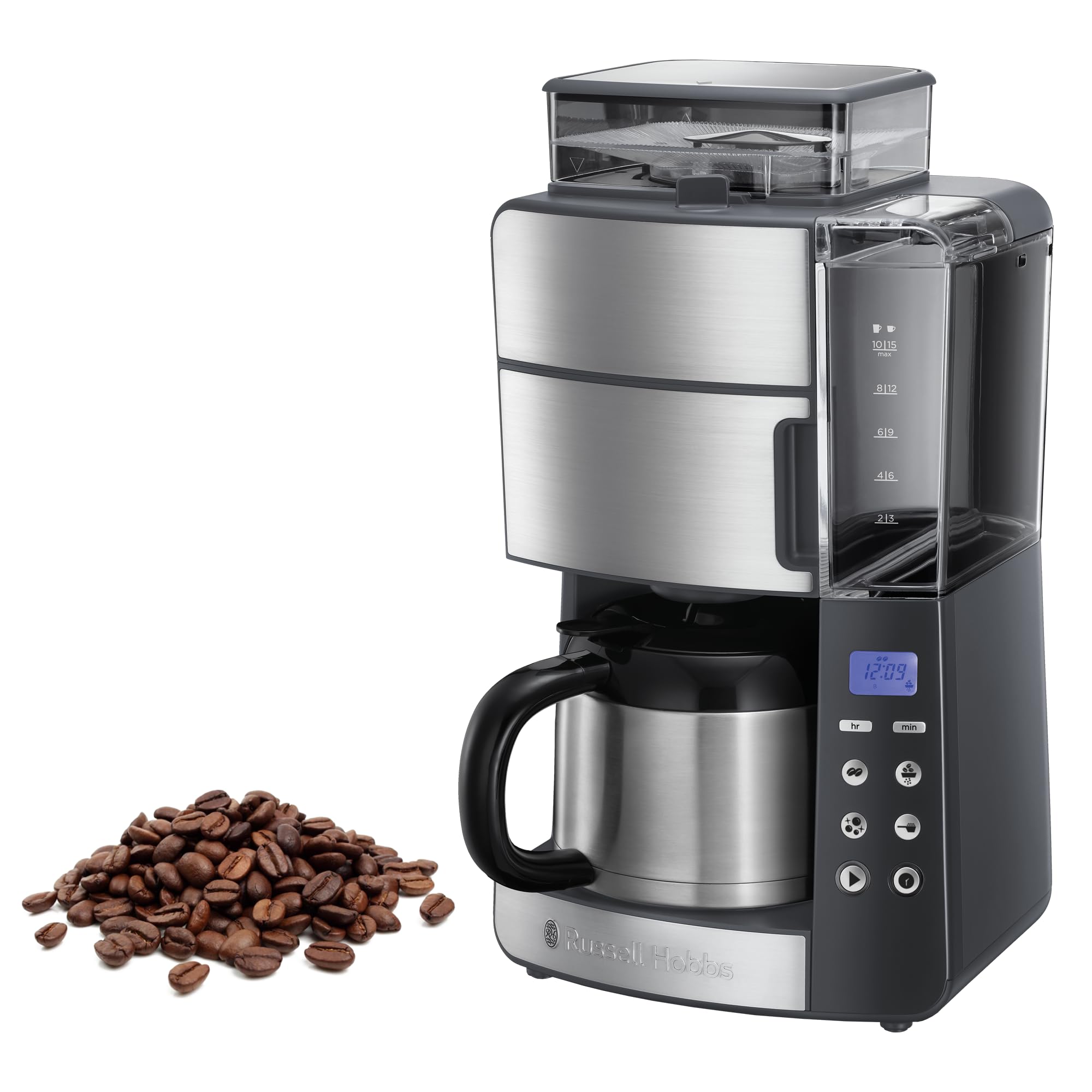 Russell Hobbs American Coffee Maker with Built-in Grinder - Digital Timer, Optimal Extraction & Aroma Filter - Thermal Carafe (10 Cups Max, 3 Grind Levels, Grind & Brew 25620-56) - Perfect for Home, Office, or Entertaining Guests