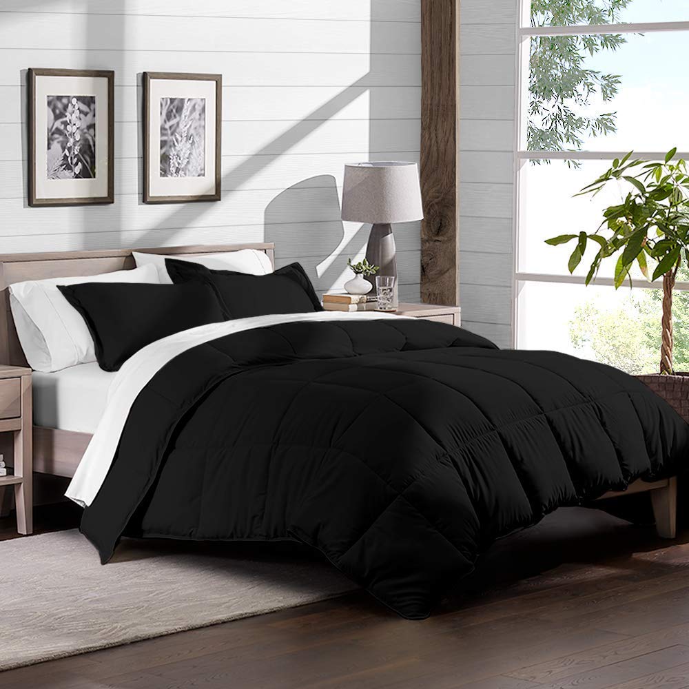 Luxury Soft 300 GSM Comforter & 4-Piece Sheet Set - Queen Black for Bedroom Decor