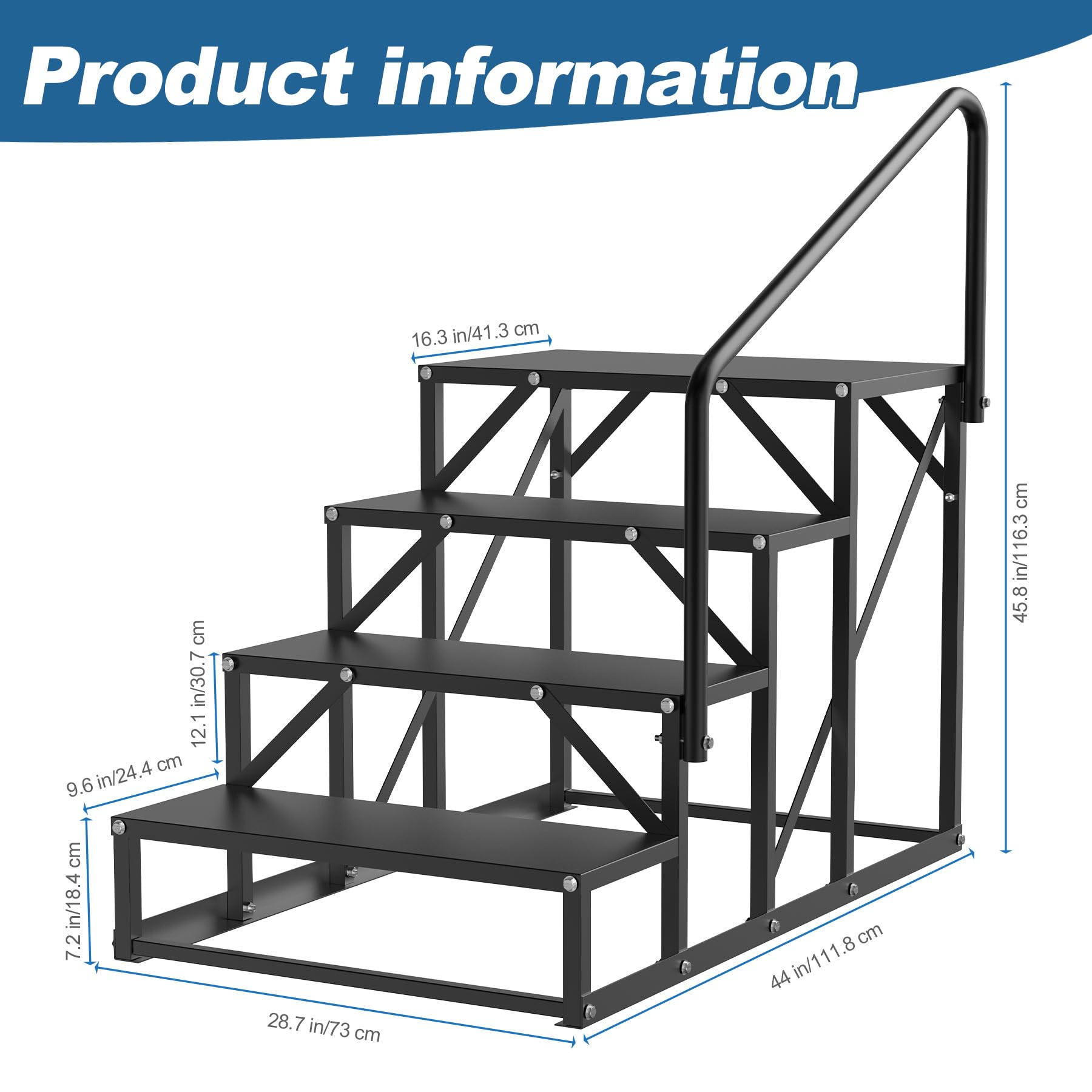 4-Step Hot Tub Steps with Handrail - Heavy Duty Black Metal RV Stairs for Mobile Homes, Outdoor Porch & Above Ground Pool Access - Non-Slip Safety Steps for Spa, Deck, and Camper Use