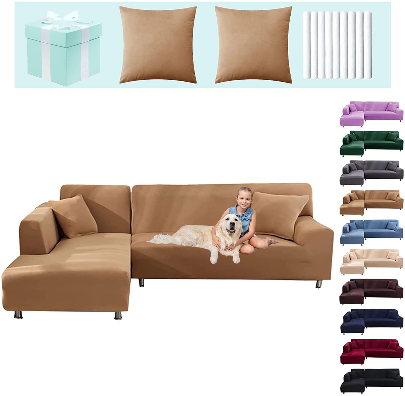 Solid Color L-Shaped Chaise Lounge Sofa Slipcover with 2 Pillow Covers - High Elasticity Sectional Couch Cover for Kids & Pets - Coffee (3+3 Seater) | Perfect for Living Room, Family Room & Pet-Friendly Homes
