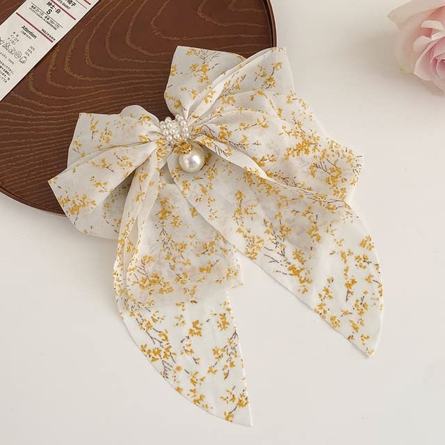 Elegant Pearl Embellished Chiffon Bow Hair Clip for Women & Girls - Stylish Hair Accessory, Ponytail Barrette, Hairpin for Weddings, Parties & Daily Fashion