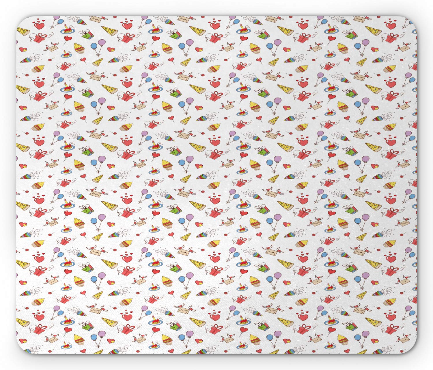 Ambesonne Birthday Mouse Pad - Hand Drawn Celebration Design with Cupcakes, Hearts & Party Hats | Non-Slip Rubber Base | Standard Size Computer Mouse Mat | Perfect for Office, Gaming & Gift Giving
