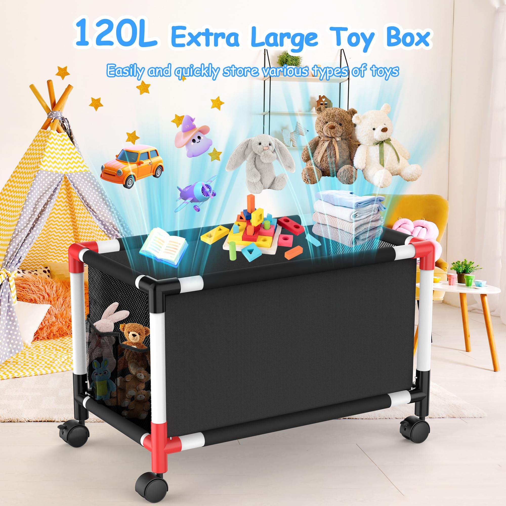 Extra Large Toy Storage Box with 360° Wheels - 120L Kids Toy Organizer Chest for Boys & Girls - Durable Oxford Fabric & Mesh Toy Box for Bedroom, Livingroom, Playroom - 28.4 x 15.4 x 19 Inches - Perfect for Organizing Stuffed Animals, LEGOs, Dolls & Kids Toys