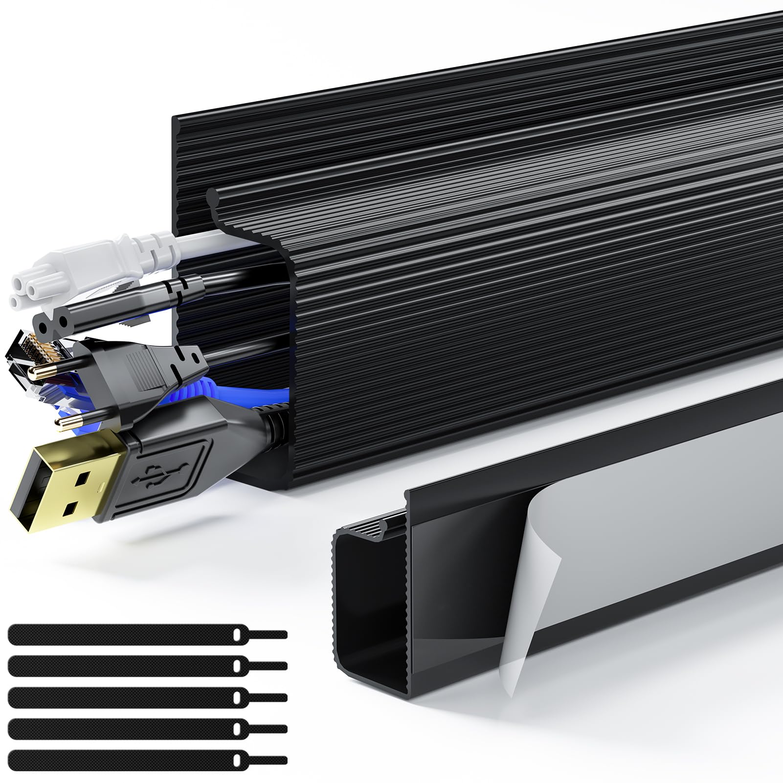 Delamu 2 Pack Cable Management Kit - Under Desk Cord Organizer for Home & Office, 15.7inX2 - Safe & Tidy Cable Solution to Protect Kids & Pets | Perfect for Computer Desks, TV Stands & Entertainment Centers