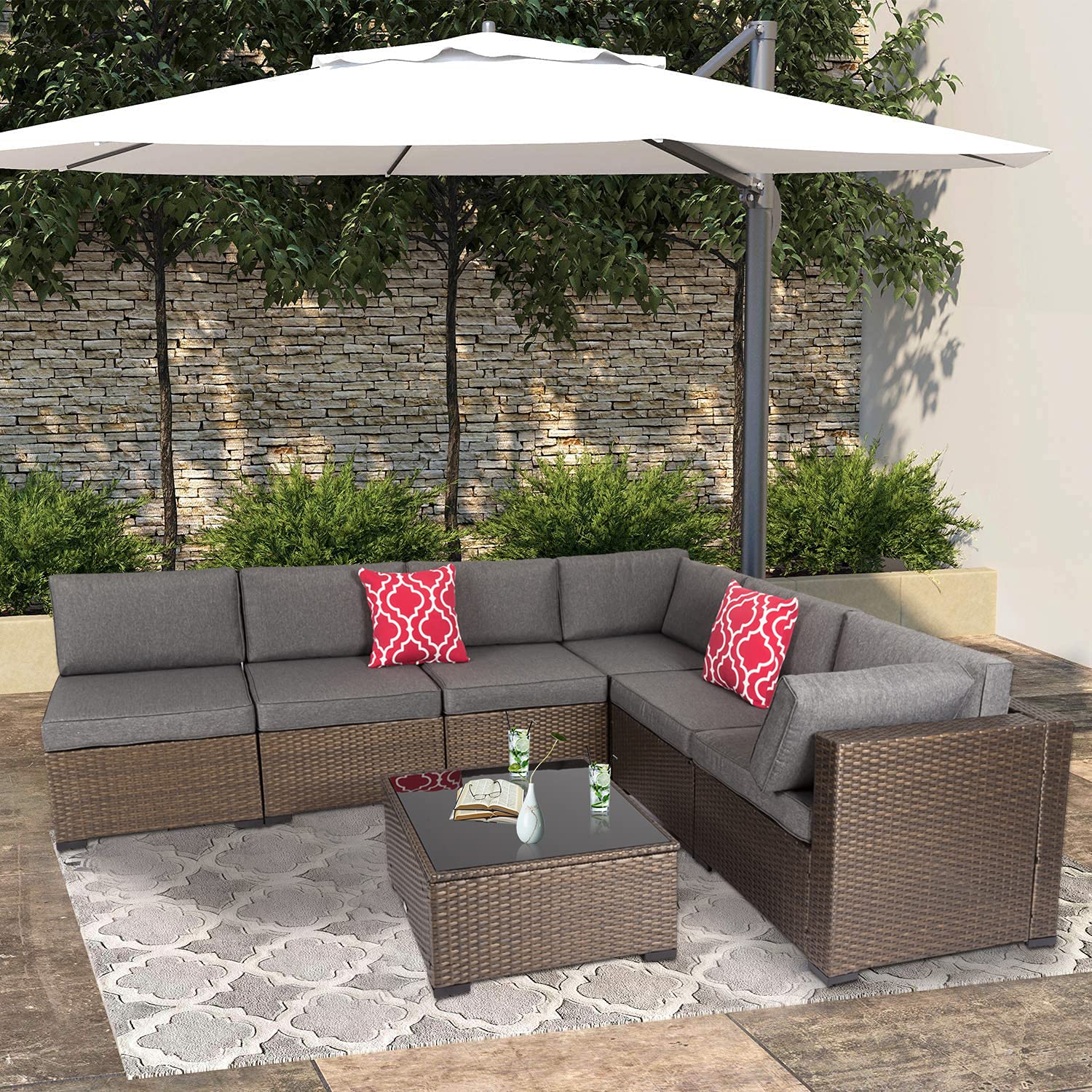 7-Piece Outdoor PE Wicker Patio Furniture Set - Rattan Sectional Sofa with Washable Cushions, Glass Coffee Table & 2 Red Throw Pillows - Perfect for Garden, Backyard, Poolside or Balcony Relaxation