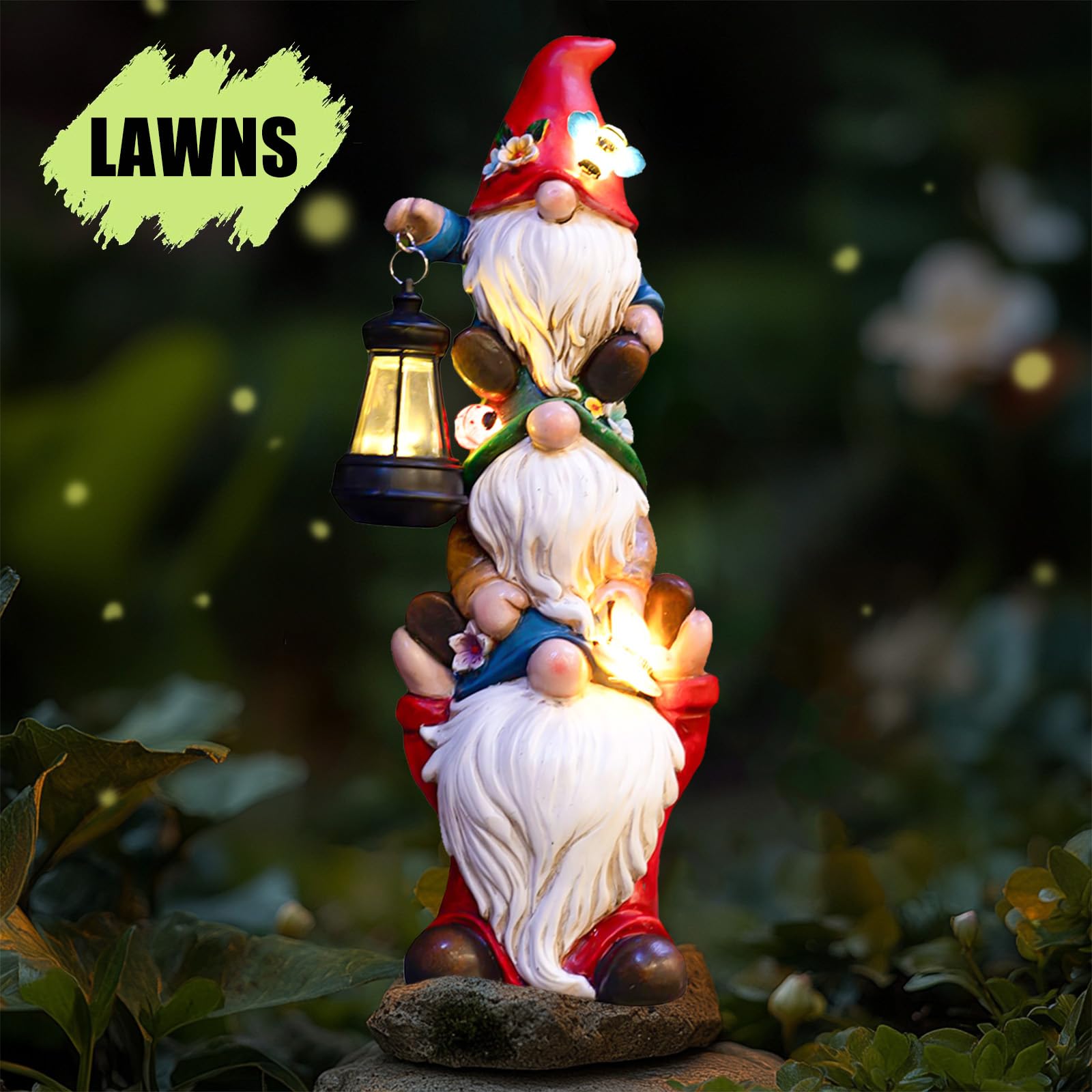 Solar-Powered Large Garden Gnome Statue - Funny Triple Gnome Outdoor Decor for Patio, Lawn, Yard & Balcony - 12 Inch Spring Gnomes Home Gift for Women & Mom - Perfect for Garden Parties & Outdoor Lighting